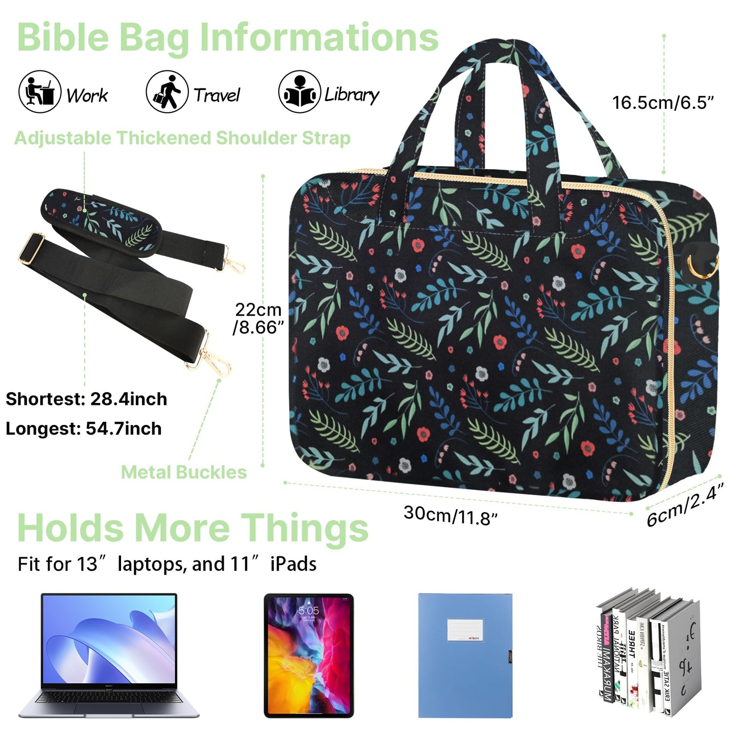 PUGPIU Bible Cover Case for Women, Large Quilted Bible Bag with Shoulder Strap and Handle, Bible Study Supplies Journaling Kit with Highlighters Pens No Bleed Tabs Notebook Cross Clips (Leaf)