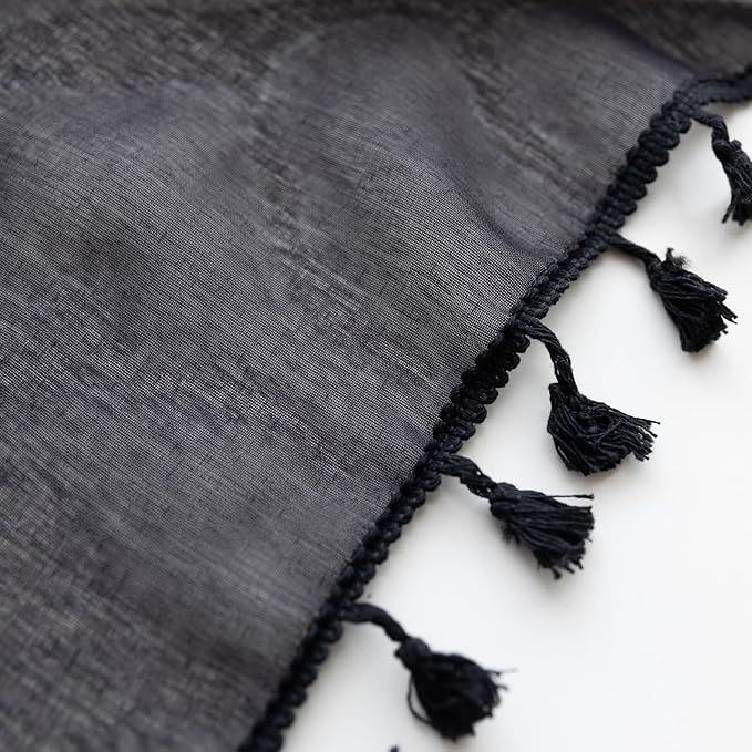 Black Sheer Curtains 72 inch Long, Fringed Edges and Textured Semi Sheer Curtains Large Window Treatments for Living Room/Bedroom, 3 Panels