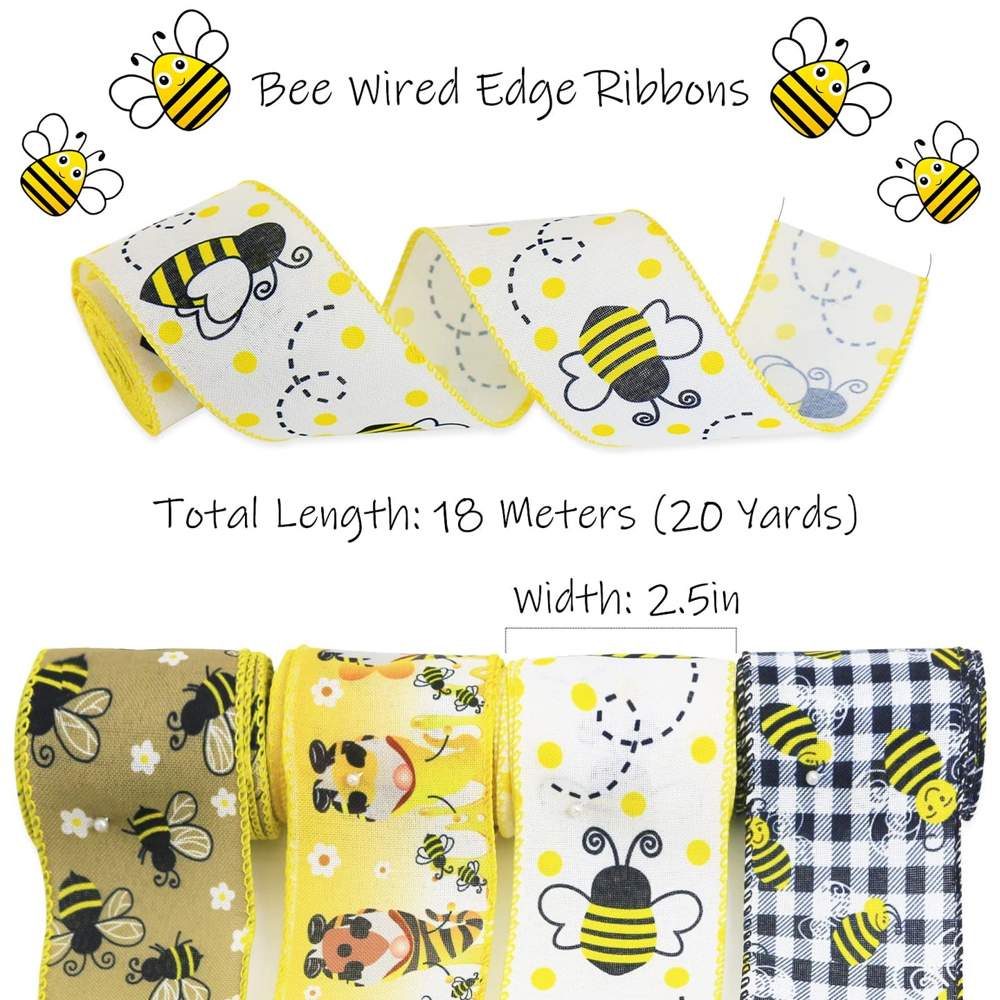 Bee Wired Edge Bumble Honey Bee Gnome Dot Yellow Wreath Ribbon for Summer Teachers' Day Easter Sewing DIY Craft Fabric Burlap Yellow Ribbon for Bows Wrapping Party Decorative
