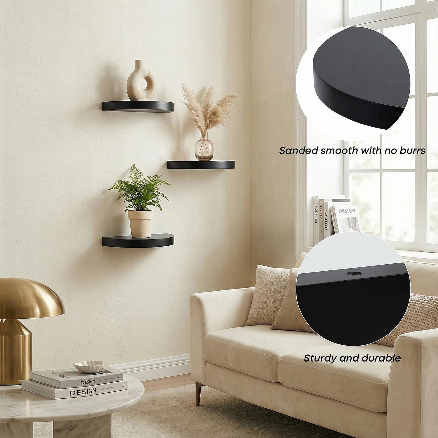 MITREL Small Wood Floating Shelves (2-Pack, 6-inch Diameter) - Round Sturdy Invisible Wall Mount Display for Small Plants,Toys,Bathroom,Living Room Storage & Modern Rustic Décor (Black)