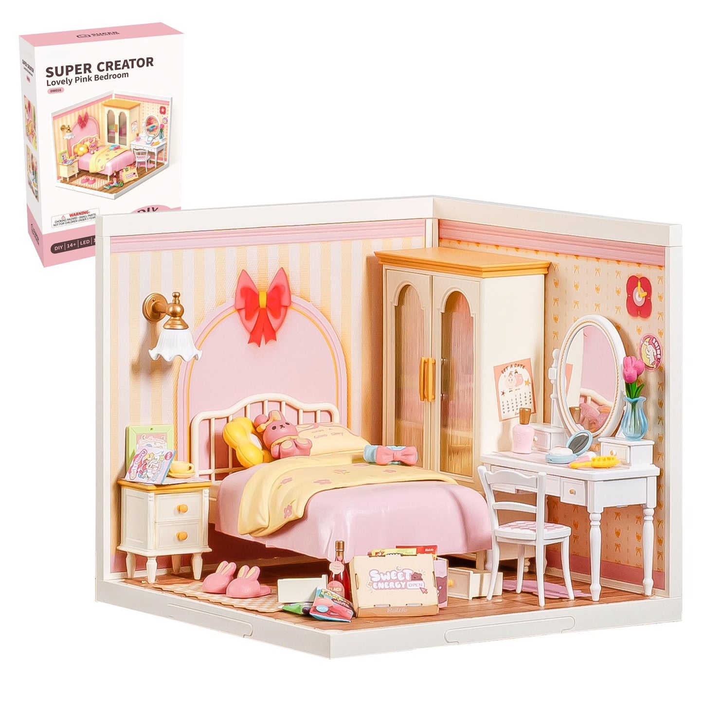 ROBOTIME Super Creator Kits, DIY Miniature House Kit with LED, Plastic Mini House, Toy Building Set, Mini Figures Construction for Teens &Adults, Craft for Home Decor Unique Gift (Lovely Pink Bedroom)