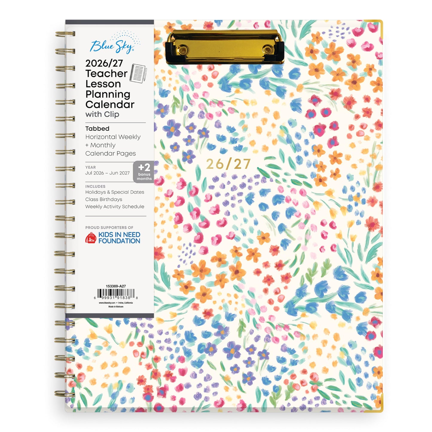 Blue Sky 2026-2027 Weekly and Monthly Academic Year Teacher Lesson Planner Calendar With Clipboard, July 2026 - June 2027, 8.5" x 11", Hard Cover, Wirebound, Laminated Tabs, Miah