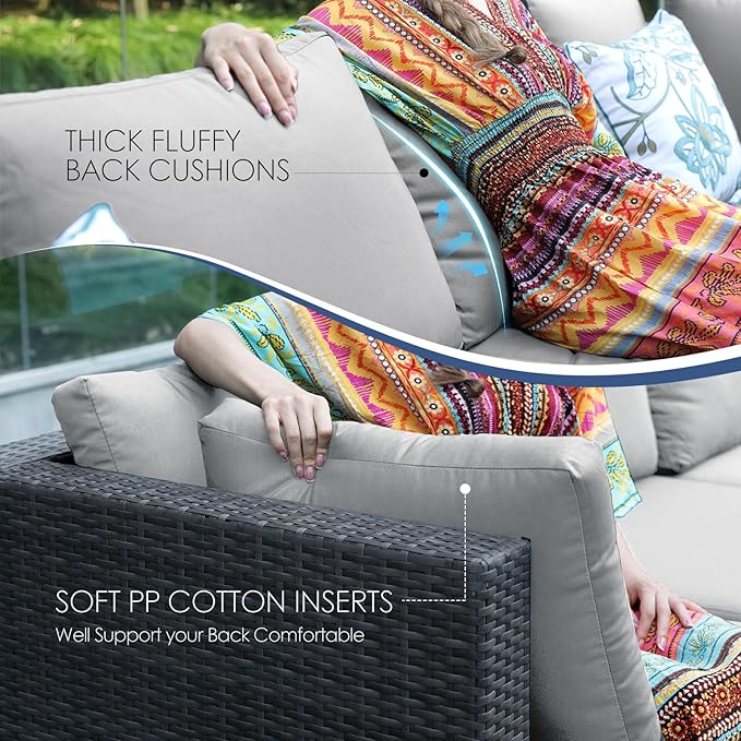 NICESOUL 7 Piece Modern Outdoor Couch with Fire Pit Natural Gas/Propane, 29.3 High Back XL Large Size Wicker Patio Conversation, Elegant Deep Seating Comfy Sectional Furniture Set for Deck Porch, Gay