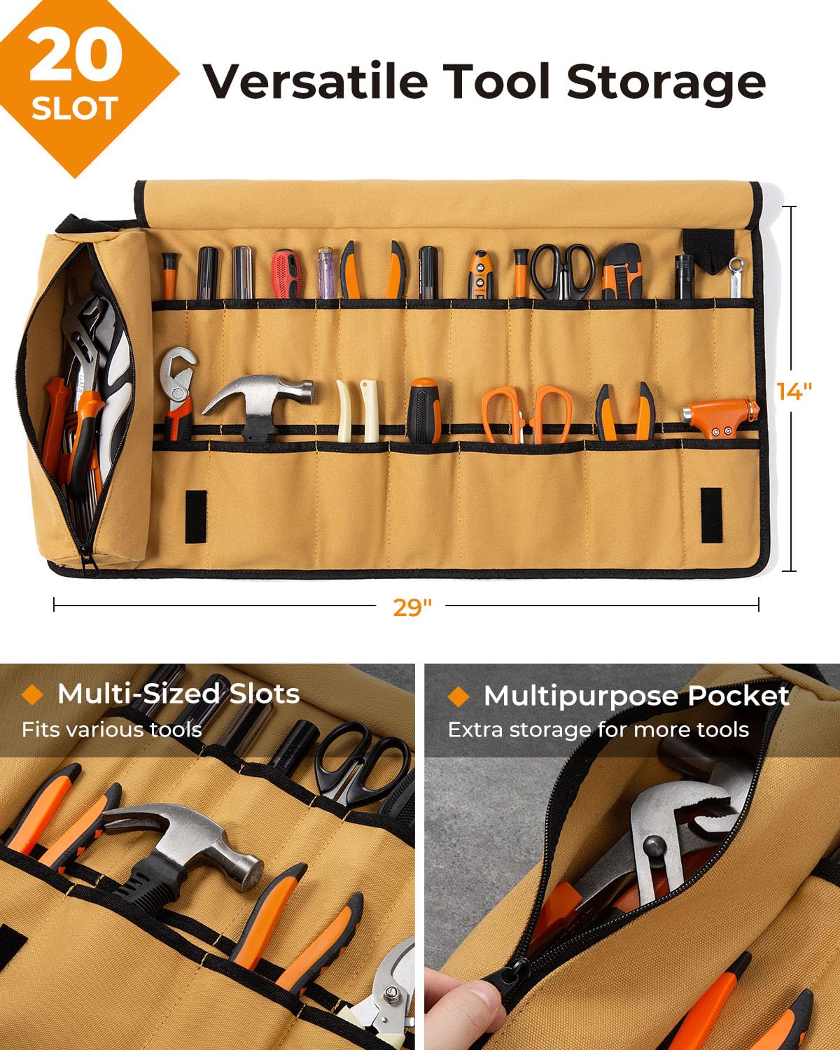 Foxrino Tool Roll, Heavy Duty Tool Roll Bag Organizer, Roll Up Tool Pouch with 20 + 1 Pocket, Gifts for Men Father Dad Mechanic, Brown