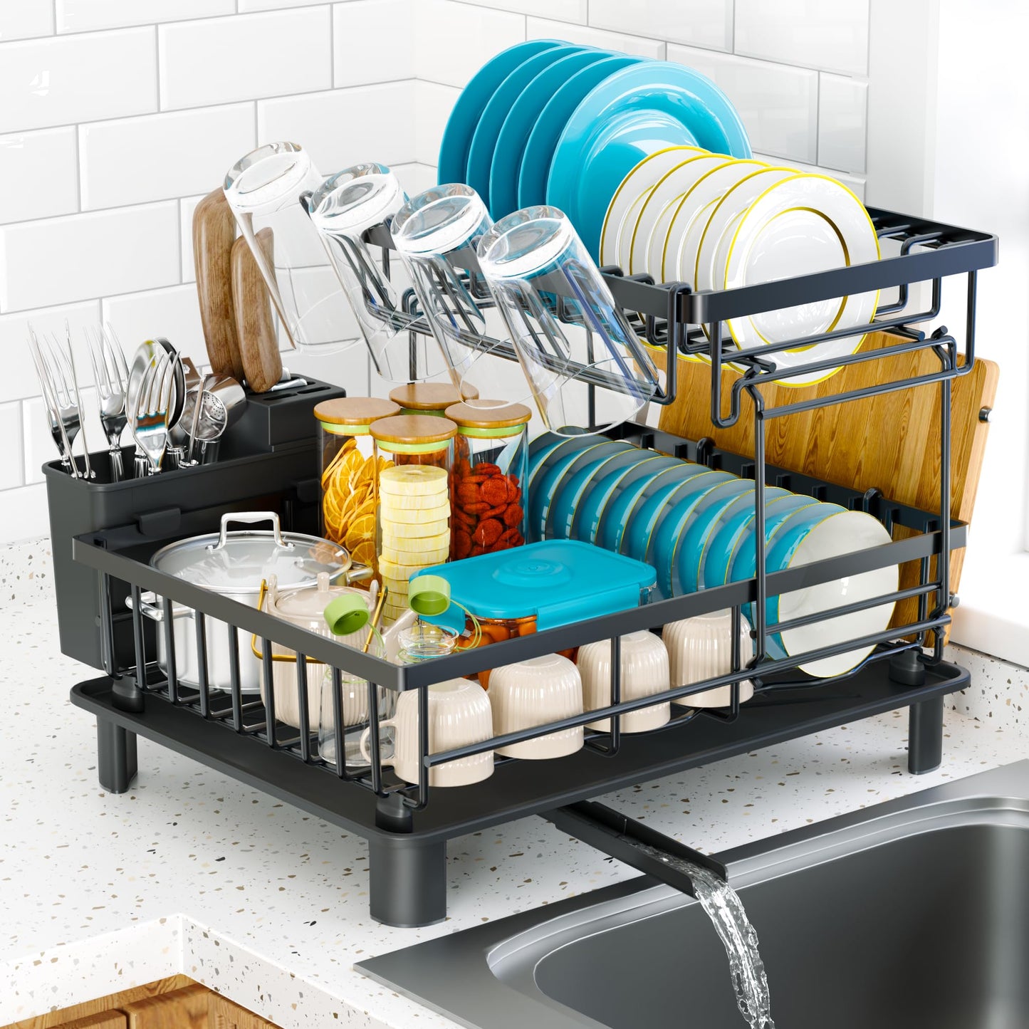 IMXSUMDA Dish Drying Rack, 2 Tier Dish Racks for Kitchen Counter, Compact Drying Rack Kitchen, Rust-Resistant Dish Drainer, Detachable Space-Saving Dish Rack with Drainboard, Utensil Holder, Black