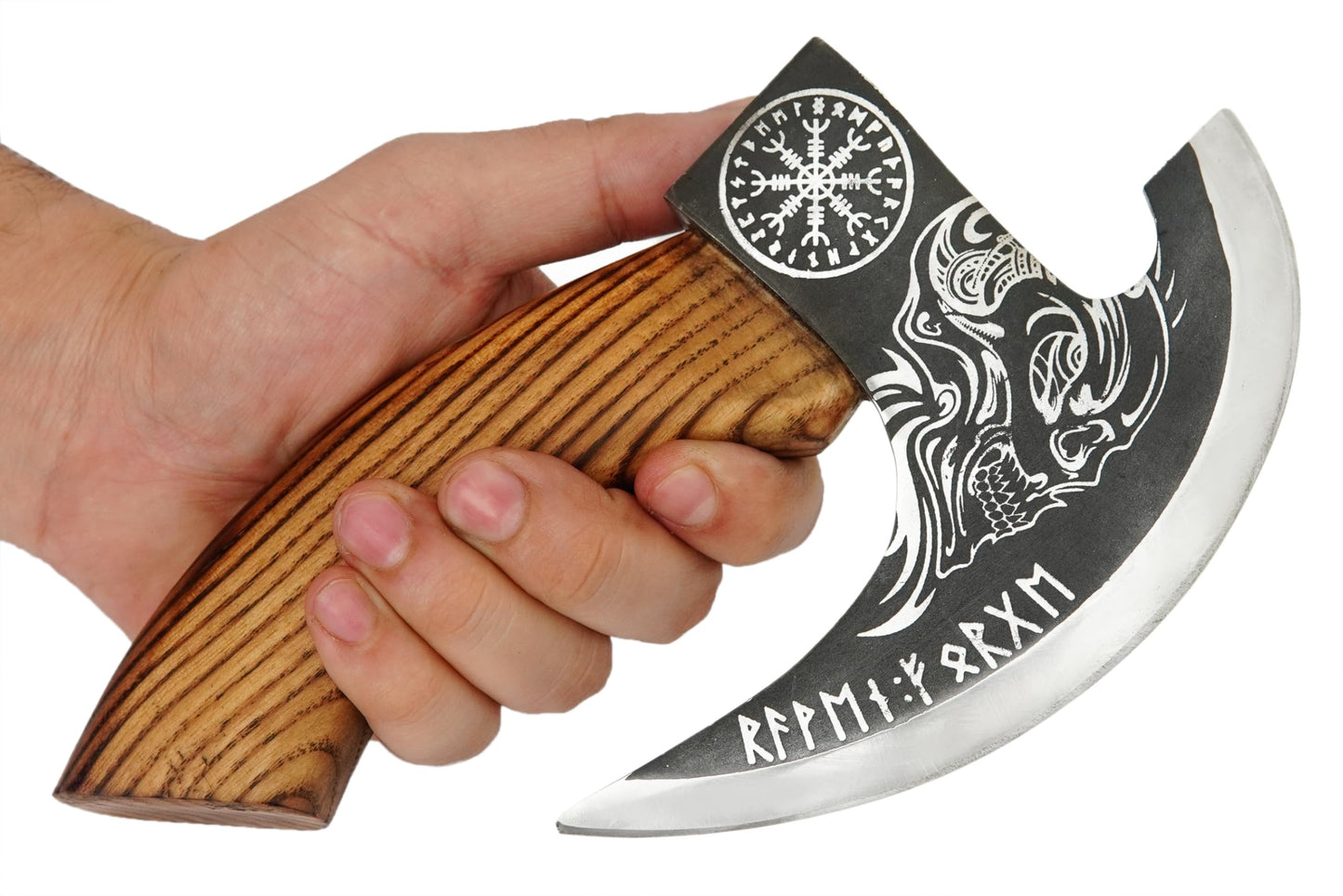 Handmade 8” Pizza Cutter, 6” Cutting Blade with Carbon Steel, Leather Sheath, Skull Design, Viking Style Pizza Cutter Axe Design. Multi-Purpose Cutter… (Dark Wood Handle)