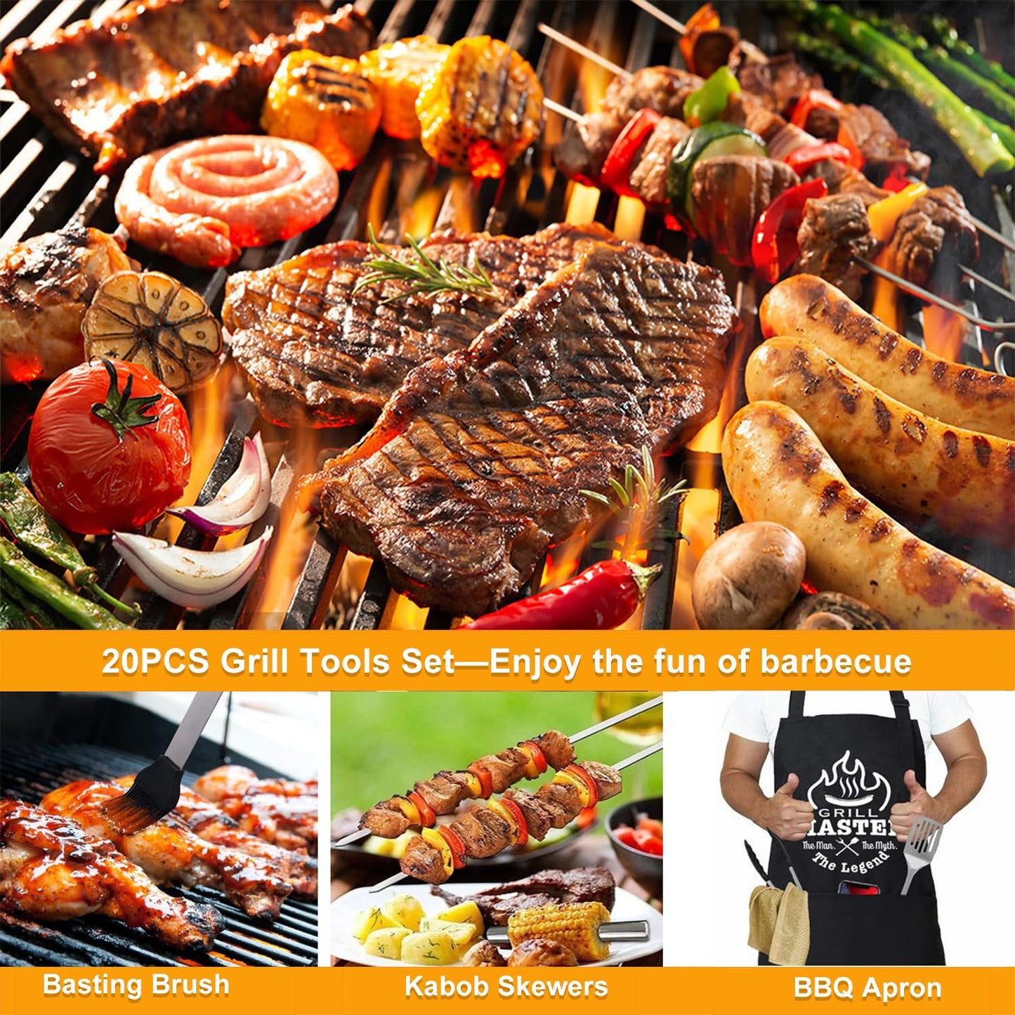 MUJUZE Grilling Accessories,Grill Utensils Set for Outdoor,Barbecue Tool Sets for Men,BBQ Accessories with Apron for Dad,Grill Tool Set,Grill Kit for Camping,Backyard