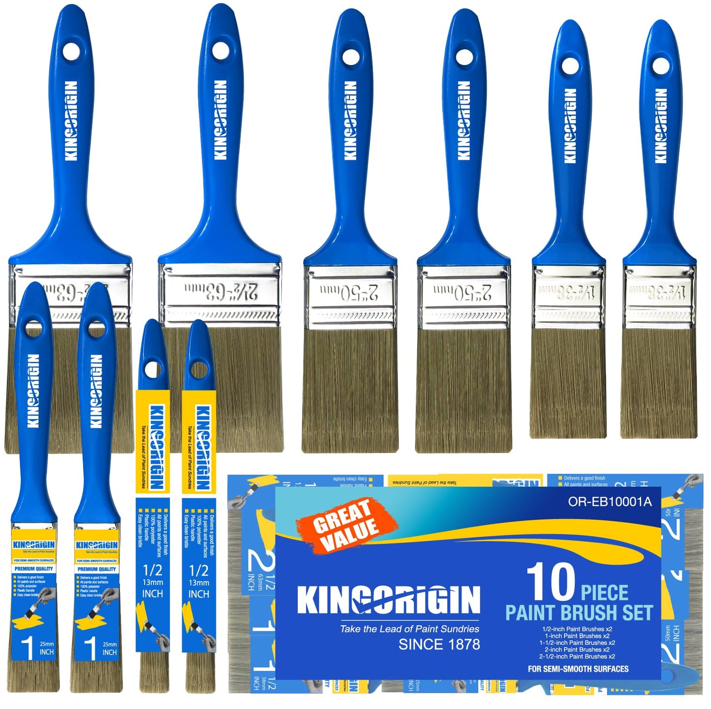KINGORIGIN Paint Brush Set, 10 Pack Paint Brush, Chip Brush (0.5" 1" 1.5" 2" 2.5”), Small Paint Brushes Bulk, Paint Brushes for Walls and Home Decor