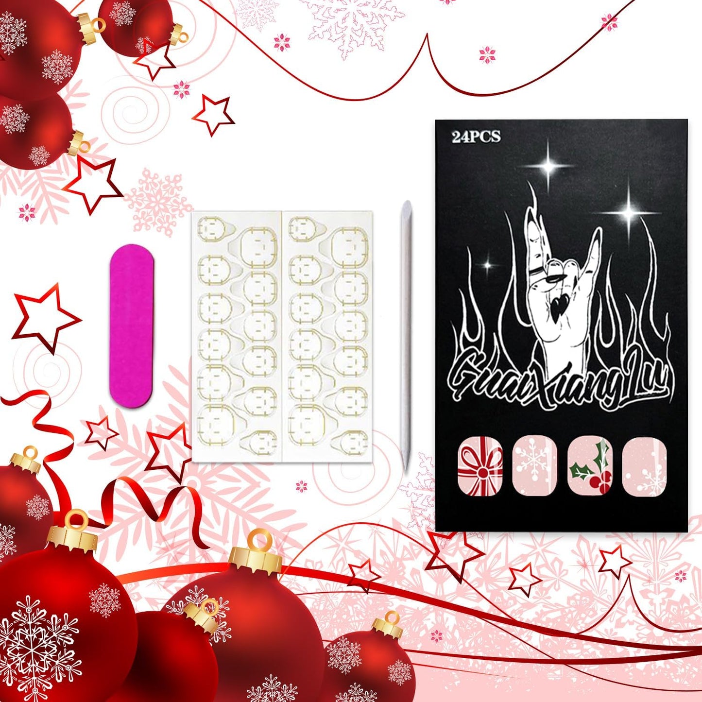 Christmas Press on Nails Winter Snowflake Fake Nails Short Square Xmas False Nail Glossy Reusable Artificial Stick on Nail for Women DIY Manicure 24 Pcs