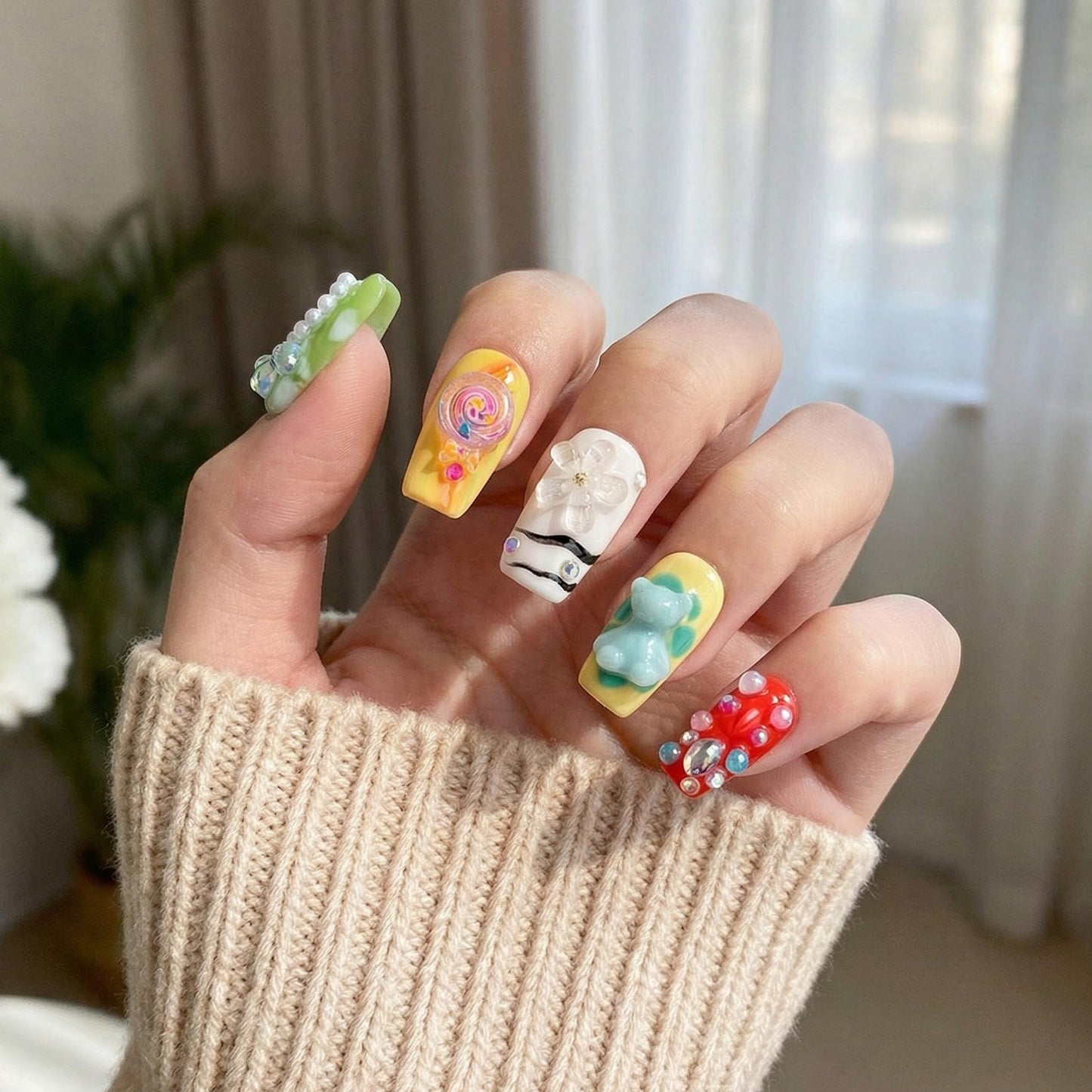 24Pcs Handmade Press on Nails, 3D Green Short Length Square False Nails with White Pearl Love, Cute & Sweet Manicure Kit for Women in Spring & Summer