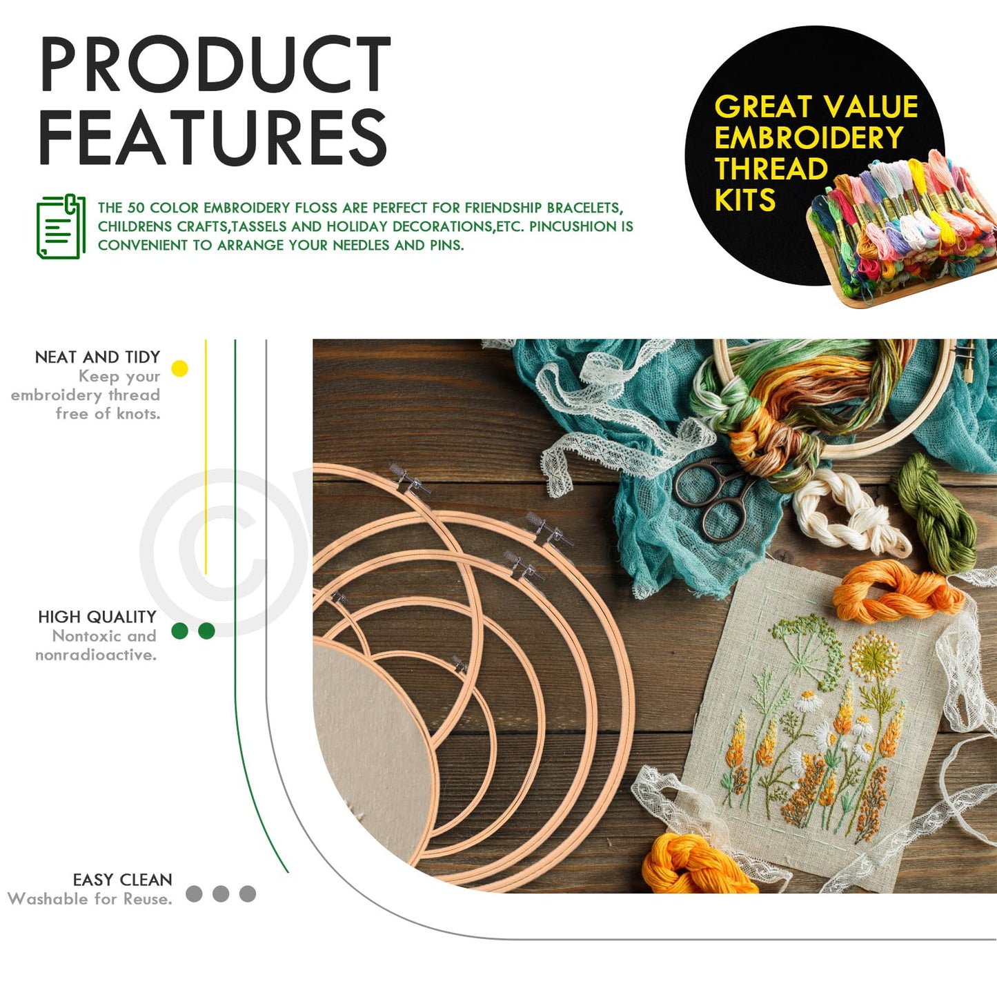 Keadic 78Pcs Embroidery Beginner Kit Contains 6 Colors Embroidery Fabric, Sewing Maker Pens, 50 Rainbow Colors Embroidery Thread, Circle Cross Stitch Hoop Rings, Cutter and Needles for Crafting