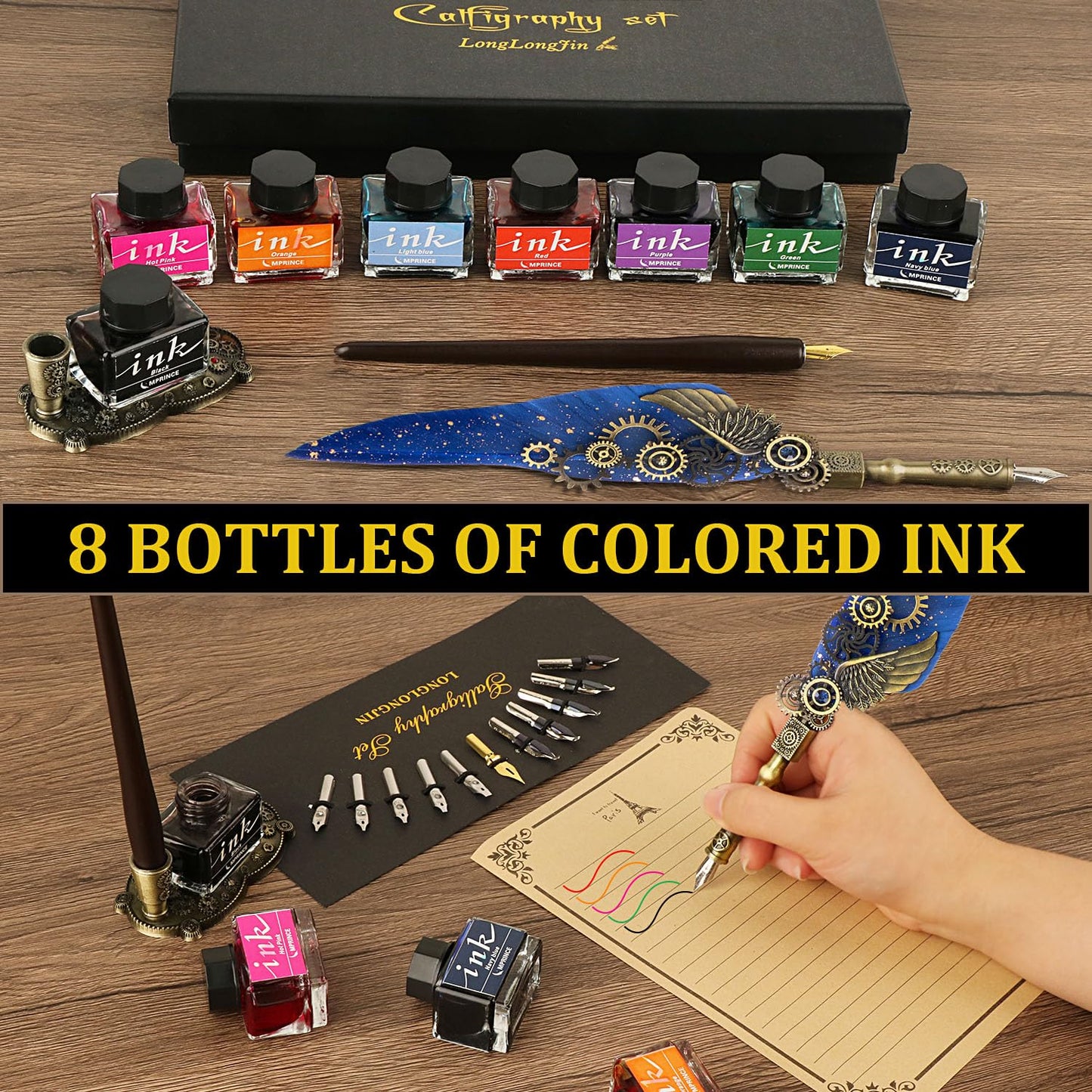 LongLongJin Calligraphy Pens and Ink Set - Calligraphy Kits for Beginners,Quill Pen Includes Dip Pen,8*Colors Ink,11*Calligraphy Pen Nibs（Blue）