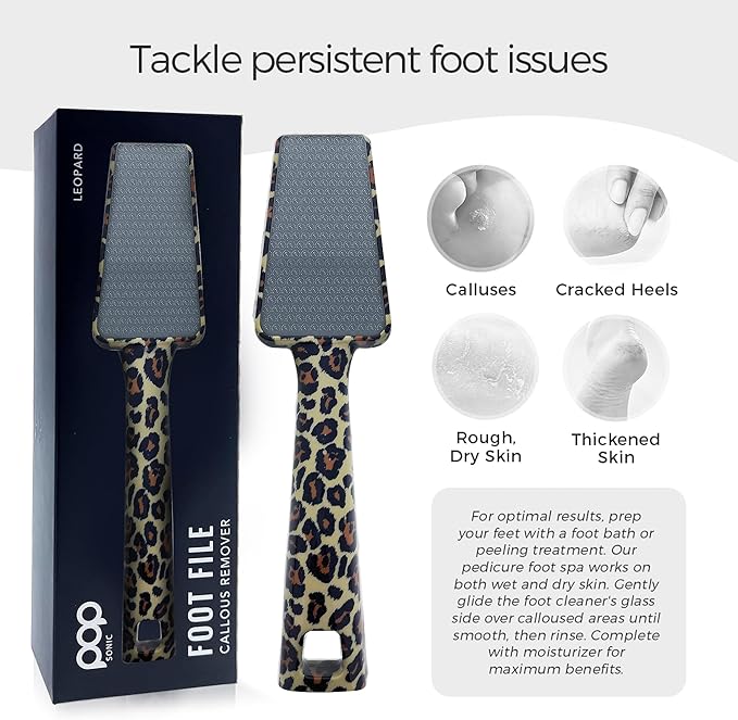 Pop Sonic Nano Glass Foot File (1 Unit) | Foot Callous Removal for Smooth, Soft Feet | Foot Scraper for Dead Skin Remover | Perfect Pedicure Tools at Home or Salon Use (Leopard)