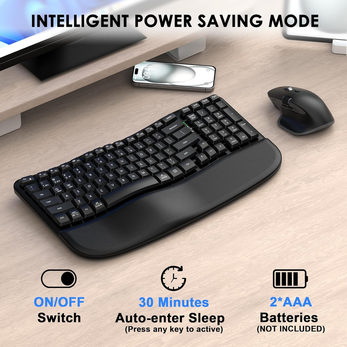 Ergonomic Keyboard and Mouse Combo, Bluetooth/2.4G Wireless Ergo Wave Curved Keyboard with Cushioned Palm Rest and 6 Levels DPI Adjustable Silent Mouse, Multi-Device for Windows/Mac/Android