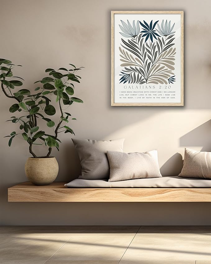 EcoHest Christian Bible Verse Floral Framed Wall Art, 12x16 in OAK Wood Boho Abstract Flowers Canvas Wall Art, Galatians 2:20 Home Decor, Beige Logs Christ Set of 1 for Bedroom Living Room