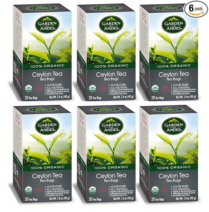 Garden of the Andes - Organic Ceylon Black Tea - 20 Tea Bags per Box, Pack of 6 (120 Tea Bags) - Estate-Grown Single-Origin - Robust Aromatic Flavor, Traceable Farm-to-Cup