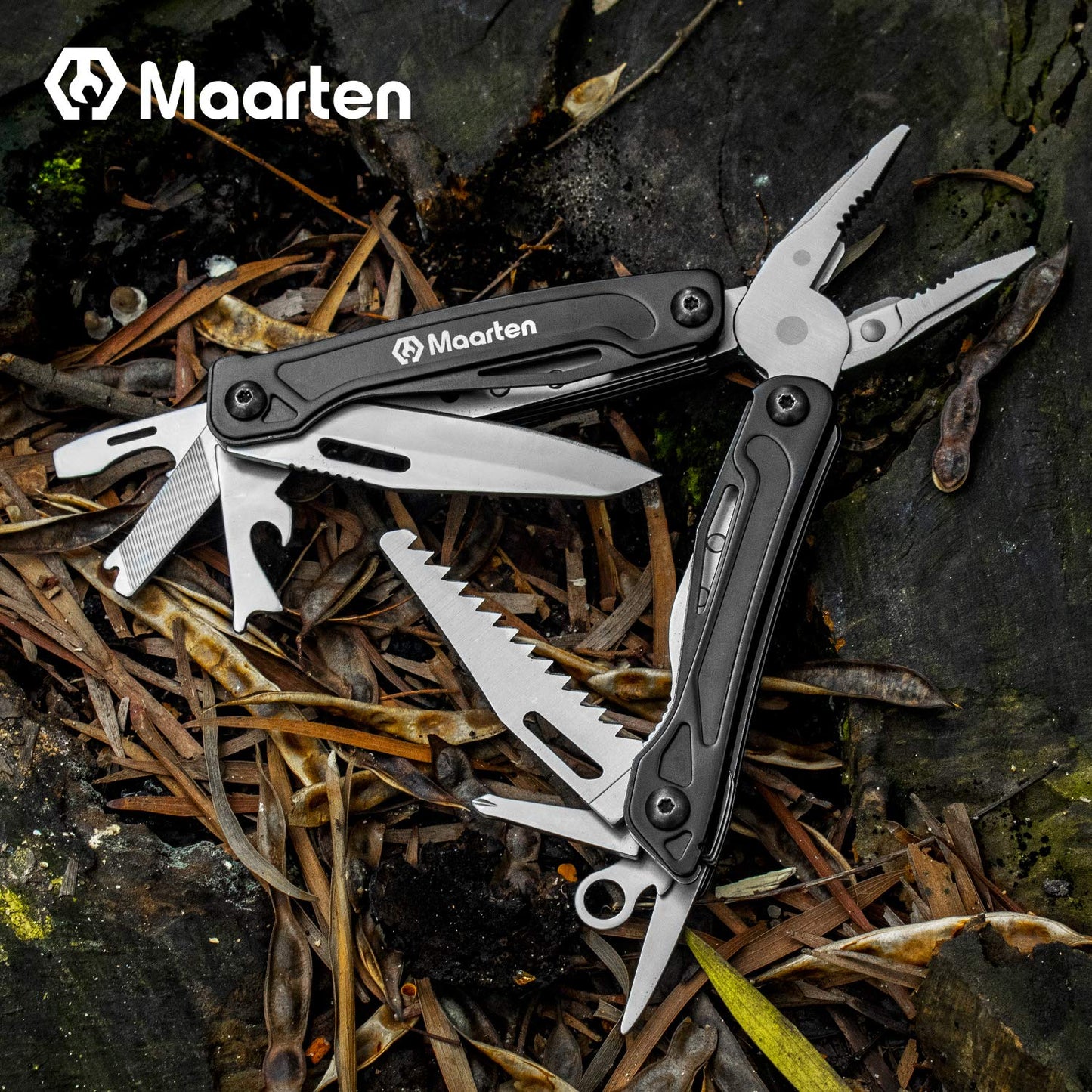 Maarten Multitool Pliers, 13 in 1 Stainless Steel Pocket Multi Tool Pliers with Pocket Clip, Portable Safety Locking Multi-Plier with Folding Saw, Bottle Opener and Durable Nylon Sheath