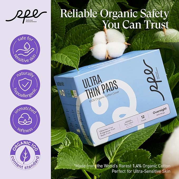 100% Organic Overnight Pads for Women, Ultra Thin Extra Heavy Flow Menstrual Sanitary Napkins with Wings Cotton Extra Coverage Period-Pads Super Absorbency Feminine Pad (Overnight, Size 5, 72 Ct)