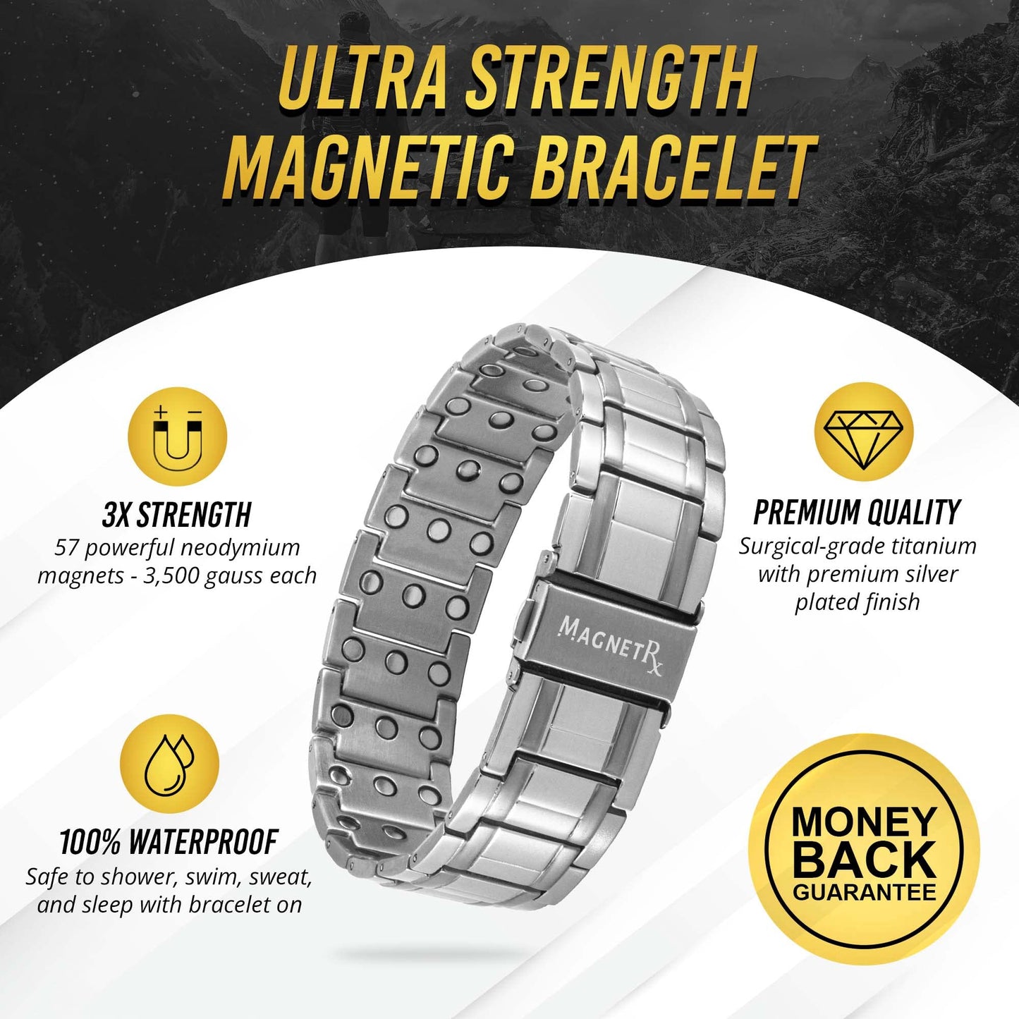MagnetRX 3X Strength Magnetic Bracelets for Men – Titanium & Pure Copper Magnetic Bracelets for Men – Premium Fold–Over Clasp & Adjustable Length with Sizing Tool