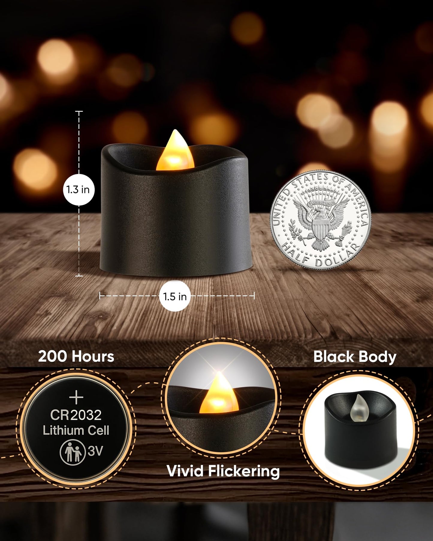 Raycare 24 Pack Black Battery Operated Tea Lights, 200+Hour Electric Flickering Flameless Candles, Realistic Votive LED Tea Lights for Wedding Party Table Christmas Halloween Decorations