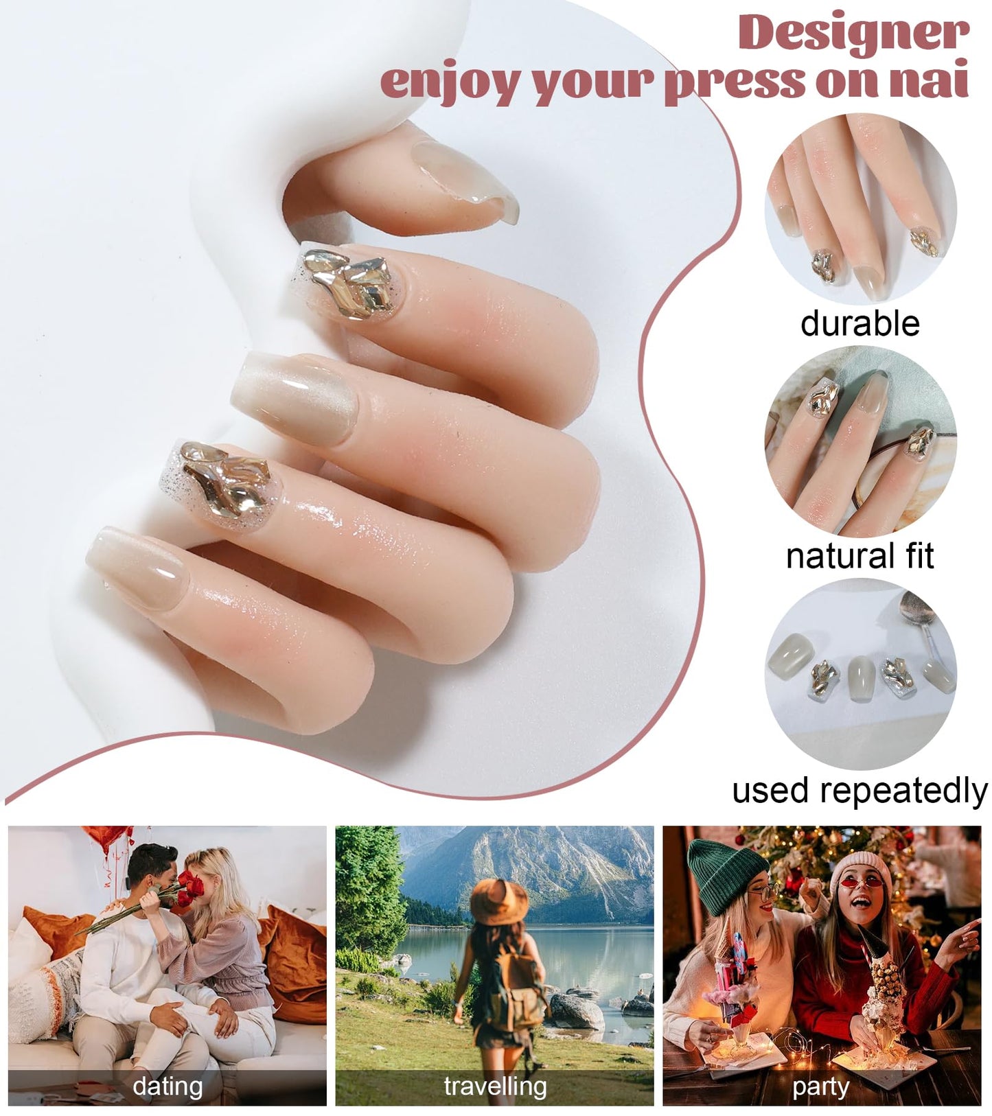 AEZUNI Press On Nails -Bling Light Grey Gradient Medium Square False Nails for Women Gilrs | Reusable Stick On Fake Nails with Glue | Medium Size