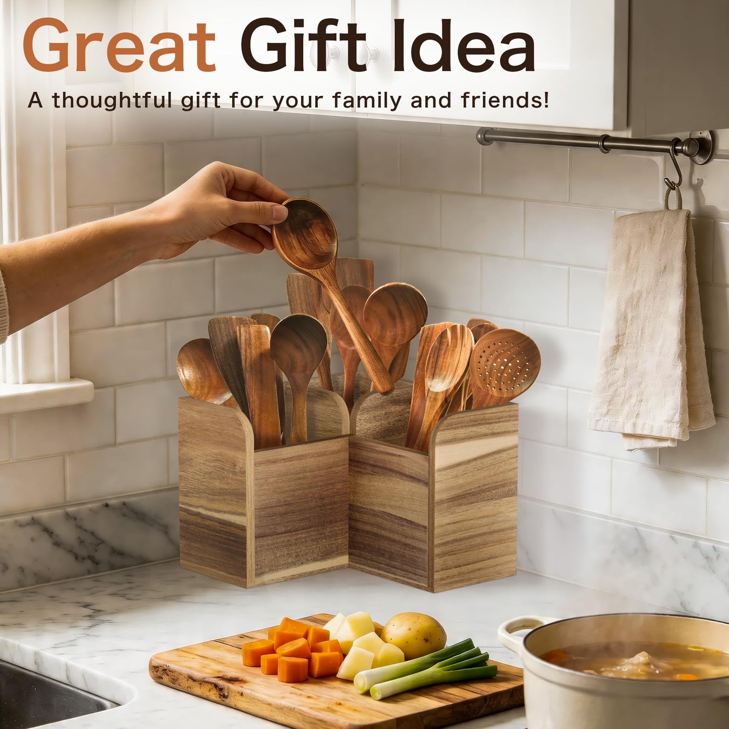 Vorisebo Acacia Wood Kitchen Utensil Holders for Countertop, Wooden Corner Utensils Holder with 3 Compartment, Farmhouse Utensil Caddy for Storage Cooking and Silverware, Opened Up Counter Space
