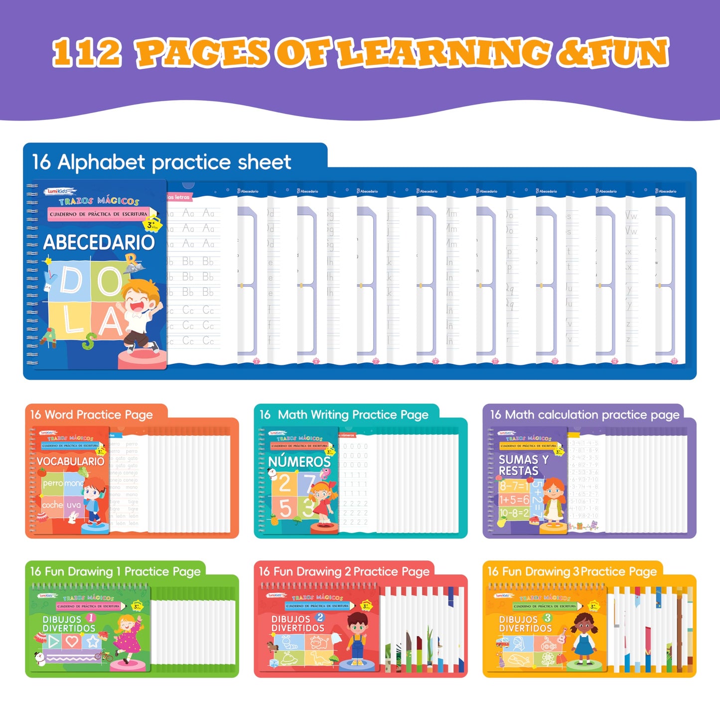 Lumikidz Spanish Magic Grooved Writing Practice for Kids Age 3-5 - Reusable Grooved Handwriting Practice Books for Kids 3-5 - Spanish Preschool Tracing Workbook - Learn Spanish Writing for Kids 5-7