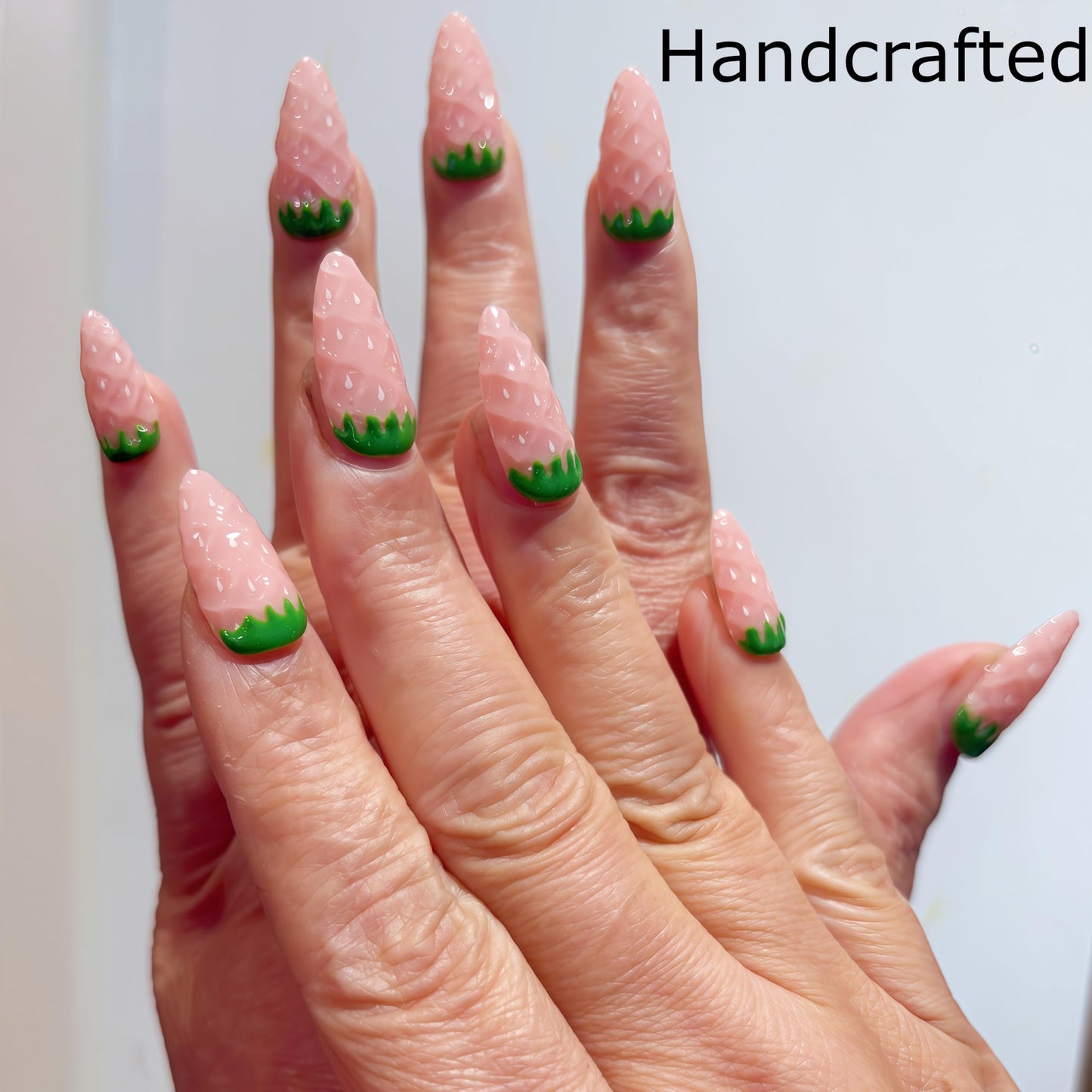 Handcrafted Press On Nails Cute Strawberry Pink Theme Fresh Fruit Pattern 100% Handmade Realistic Artistic Fake Nails Gifts For Women (Pink Strawberry, Medium M)