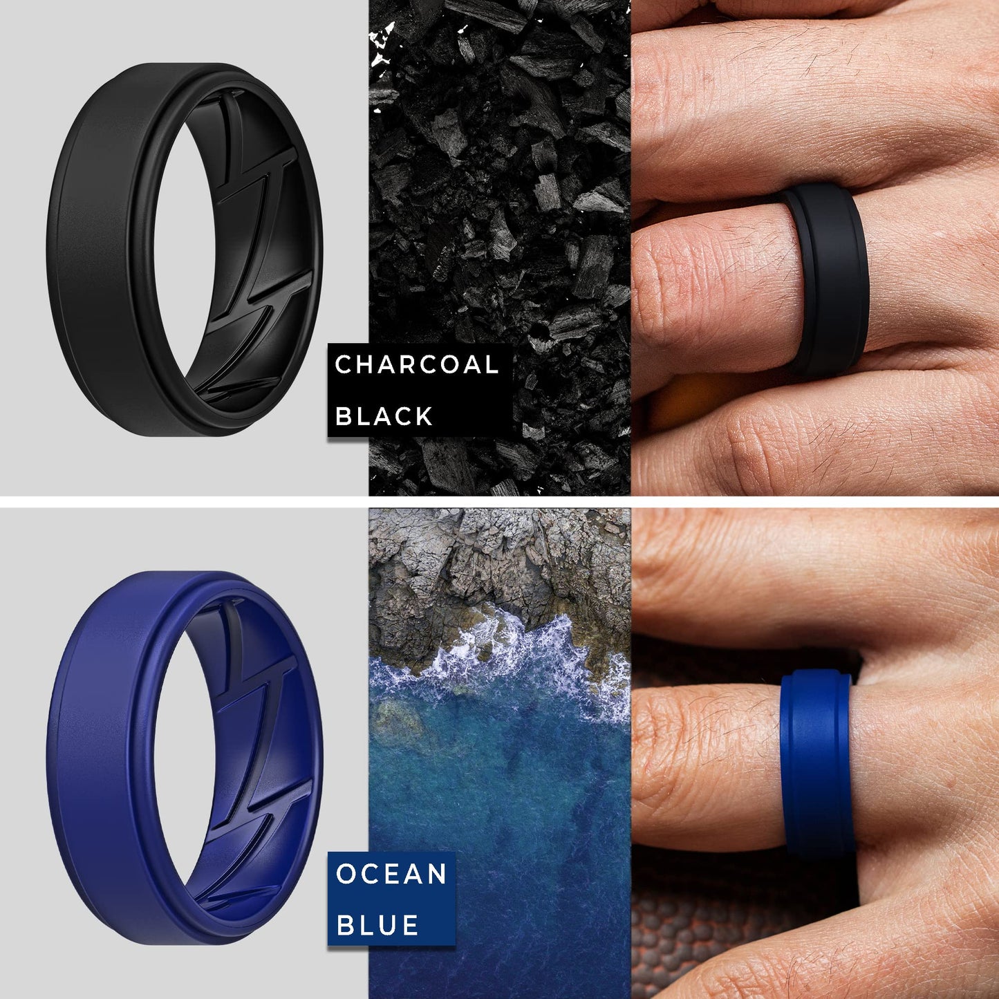 ThunderFit Silicone Wedding Rings for Men Breathable Airflow Inner Grooves, Step Edge Sleek Design Rubber Engagement Bands 8mm Wide 2mm Thick, Variety Multipack 1-7