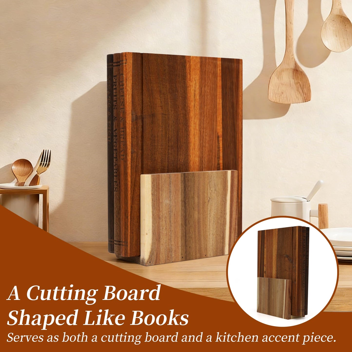 Book Cutting Board Set with Stand, Solid Acacia Book Shaped Cutting Board, 3pcs Bookshelf Cutting Board for Classify the food, Decorative Library Cutting Boards Set, Unique Gift for Book Lovers/Chefs