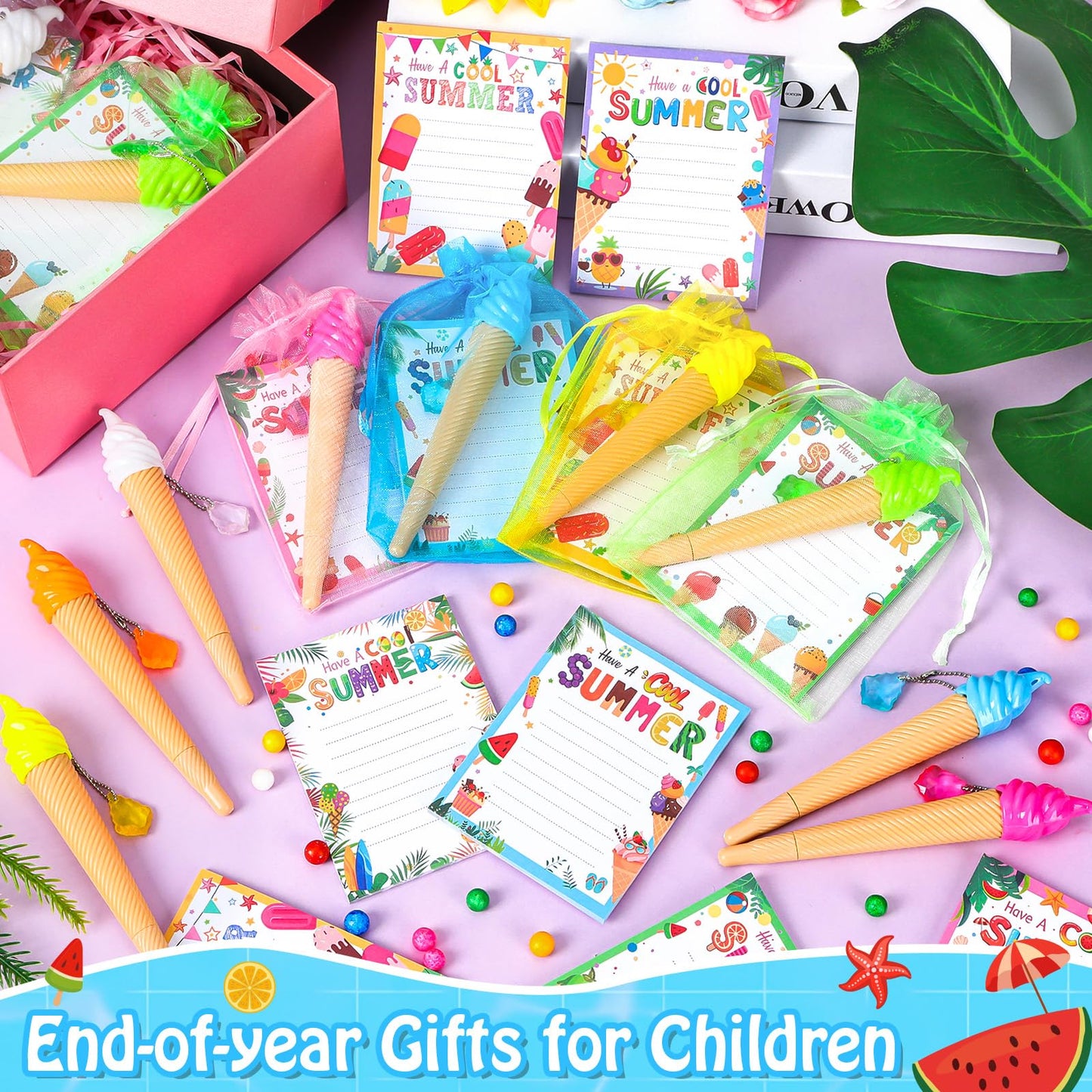 SZCECHRE 36 Pack School End Of Year Surprise Gift Sets, Ice Cream Pens Summer Sticky Notes Kit with Gift Bags & Ribbon for Pool Beach Birthday Class Parties & Student Gifts