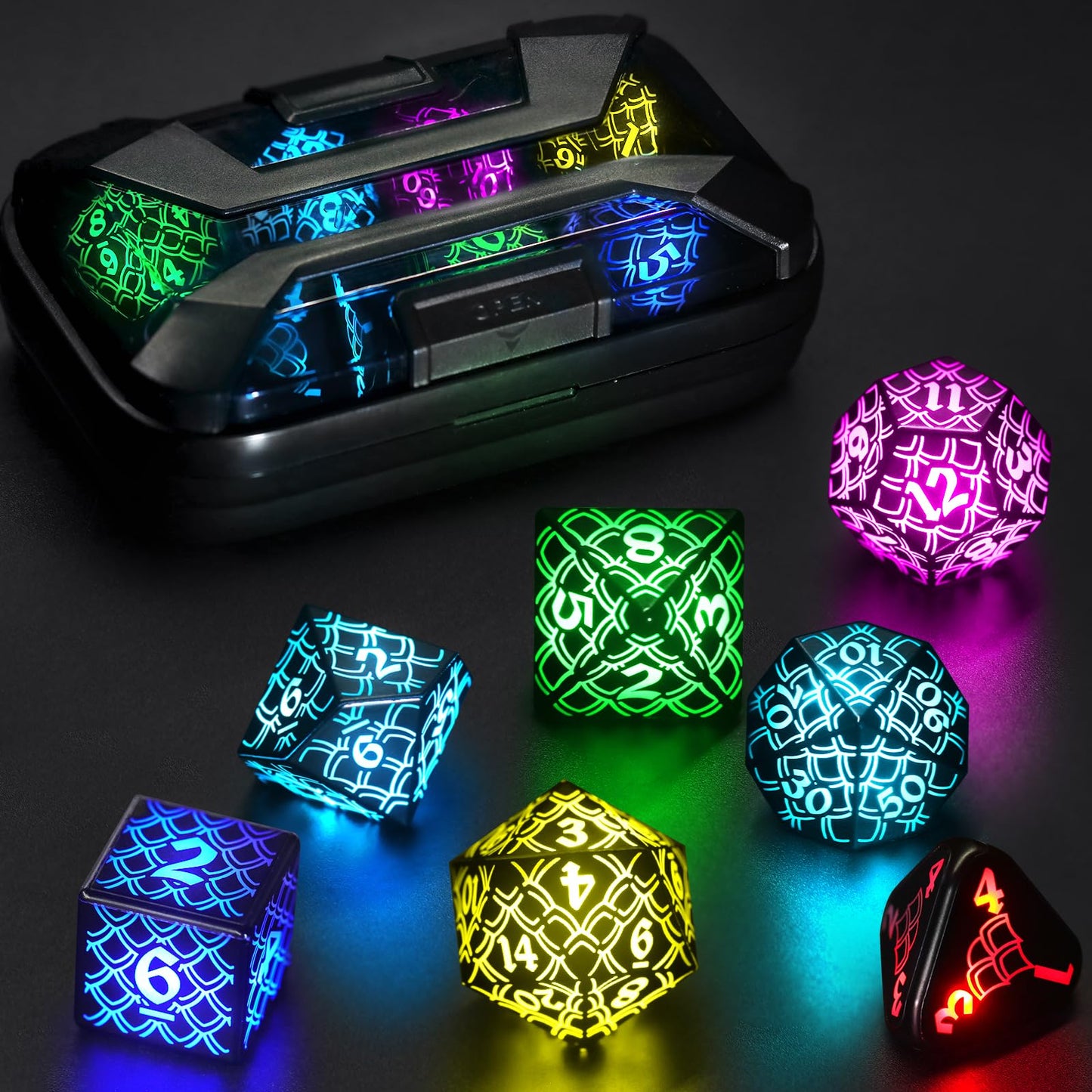 LED DND Dice Set Rechargeable, Cool Light up Dice Wireless Charging for Dungeons and Dragons, ZHOORQI Polyhedral Dice Role Playing Gifts(RGB-Dragon Scale)