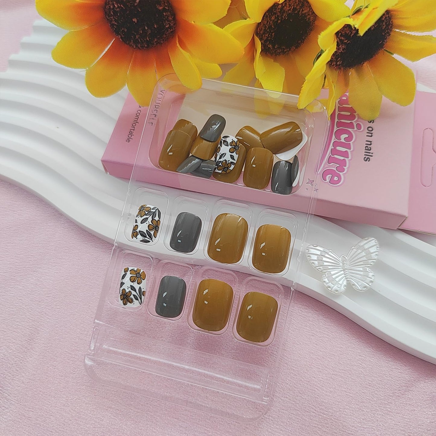 YOJIATOP Square Press on Nails Short With Floral Designs - Yellow and Grey Acrylic Glossy Glue on Artificial Stick on Nails for Women - Fall Style - 24Pcs