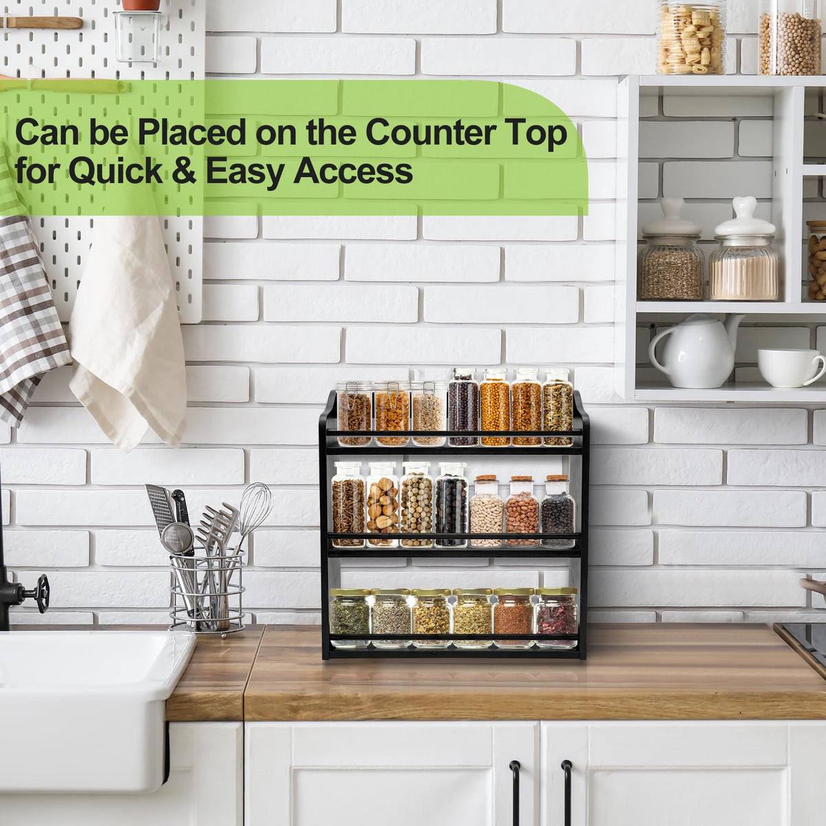3 Tier Bamboo Spice Rack Wall Mount or Countertop