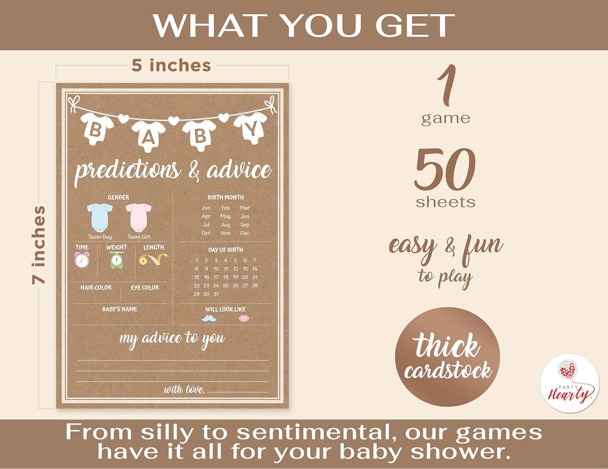 Party Hearty Baby Shower Games for Girl or Boy, 50 pcs Predictions & Advice Game, Fun Activity Cards, Gender Neutral, Baby Shower Ideas