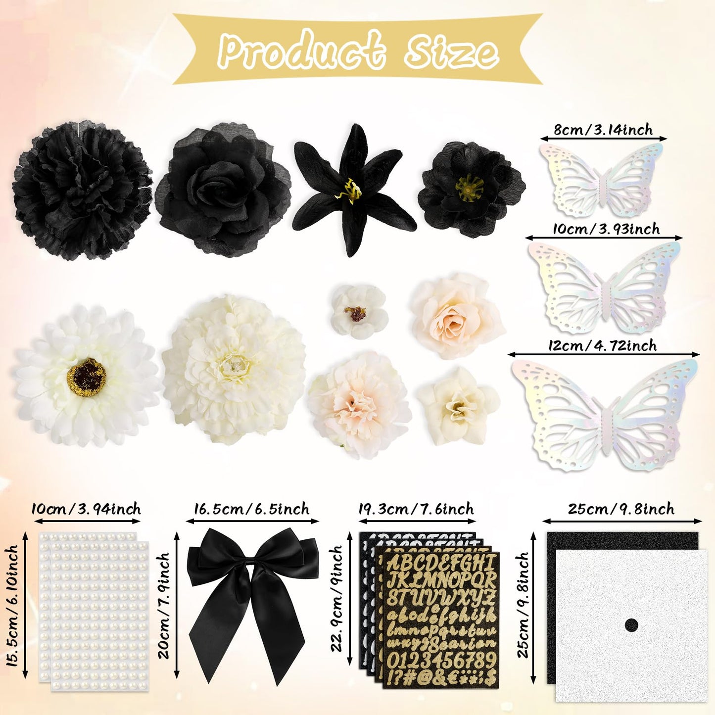 55 Pcs Black Gold DIY Graduation Cap Decorations Faux Assorted Flowers White Bows 3D Butterfly Stickers Glitter Alphabet Letter Number Decals for DIY Hat Grad Cap Topper Graduation Party Supplies