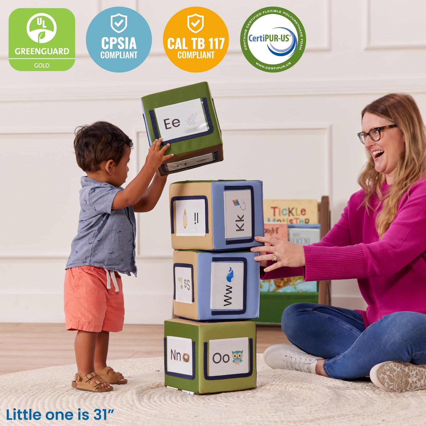 ECR4Kids SoftZone Picture Me Building Block Playset, Stacking Cubes, Earthtone, 4-Pack