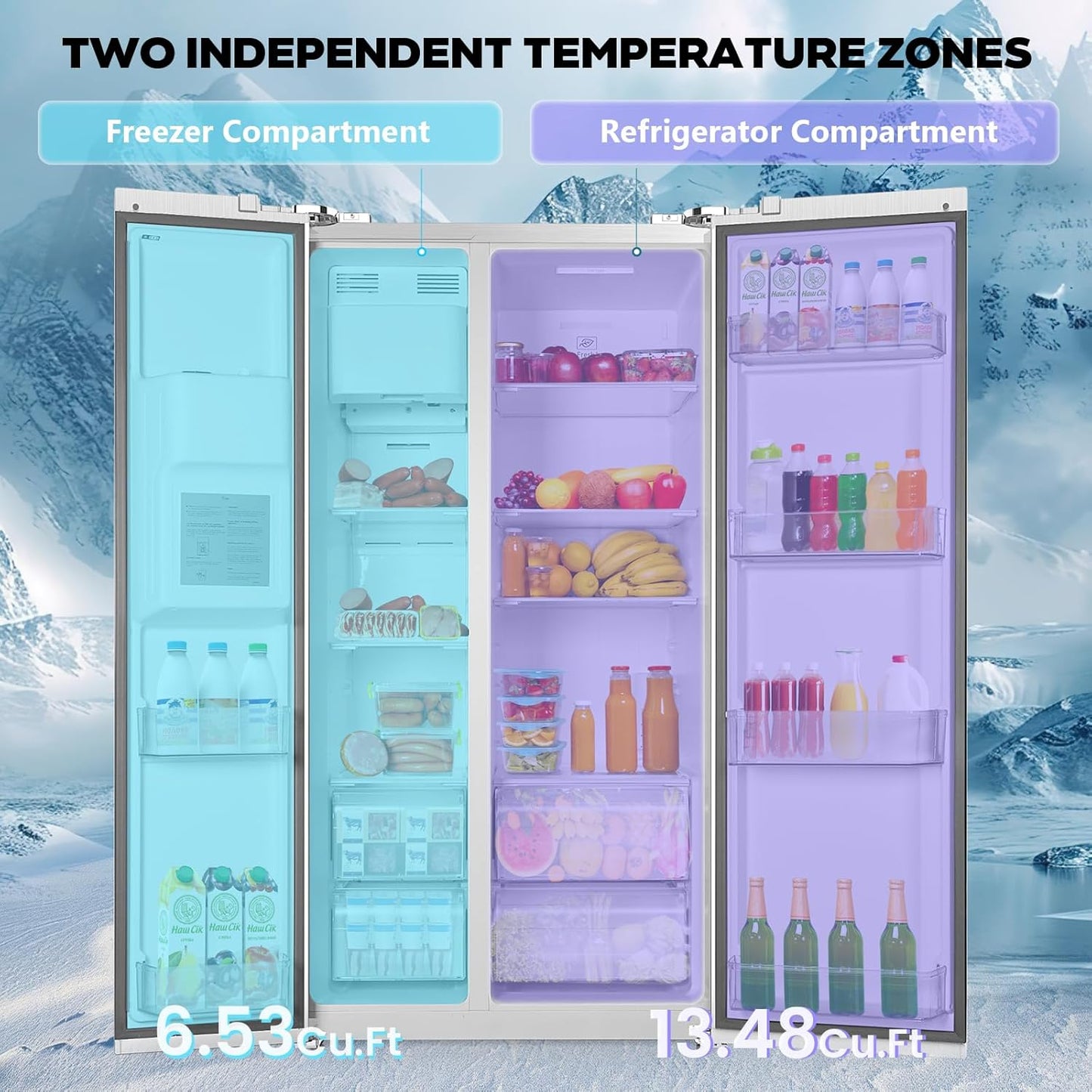 20 Cu.ft. Large Refrigerator Fridge, 2 French Door Stainless Steel with Water Dispensor, Ice Maker for the Kitchen