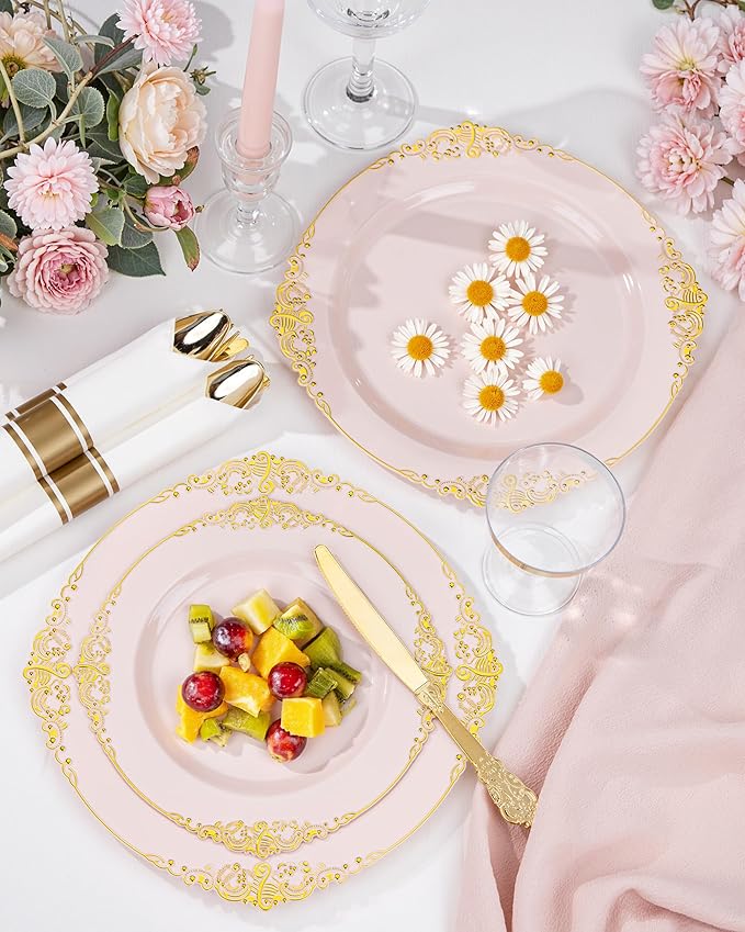 Nervure 100PCS Pink and Gold Plastic Plates - 10.25Inch Pink Disposable Plates - Plastic Dinner Plate for Weddings & Parties & Easter