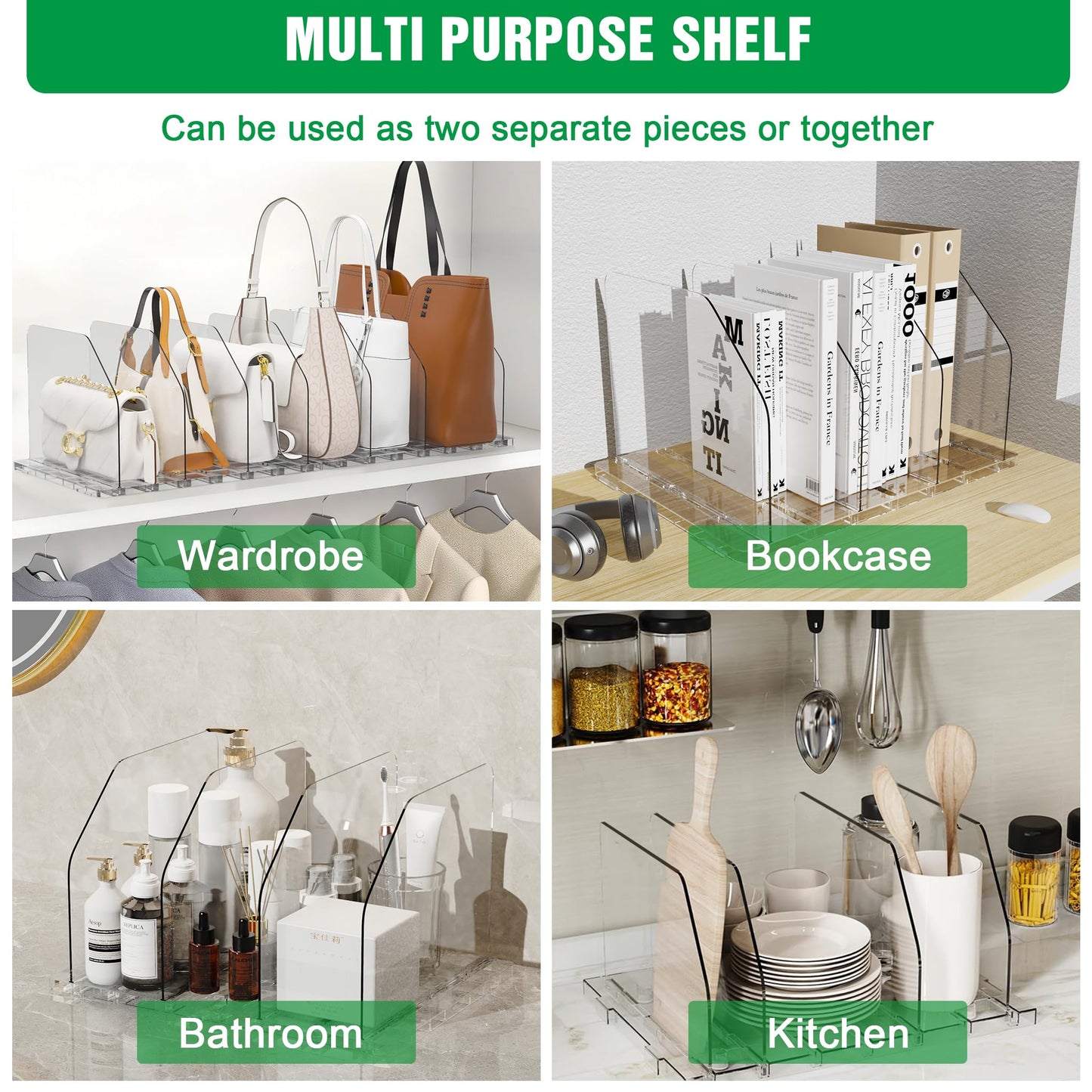 DGFCK Bag & Purse Organizer for Closet, 2 Sets Adjustable Clear Handbag Storage Shelf, Plastic Clutch Dividers for Closet Organizers and Storage-Keep Purses upright (2 Sets)