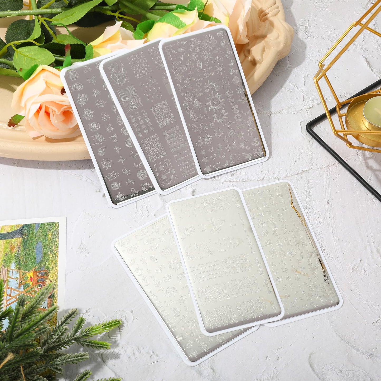 Whaline 6 Pcs Sun Moon Star Nail Plates Stamping Set Groovy Stamp Templates Nail Art Plates for DIY Print Manicure Salon Design Gift Supplies