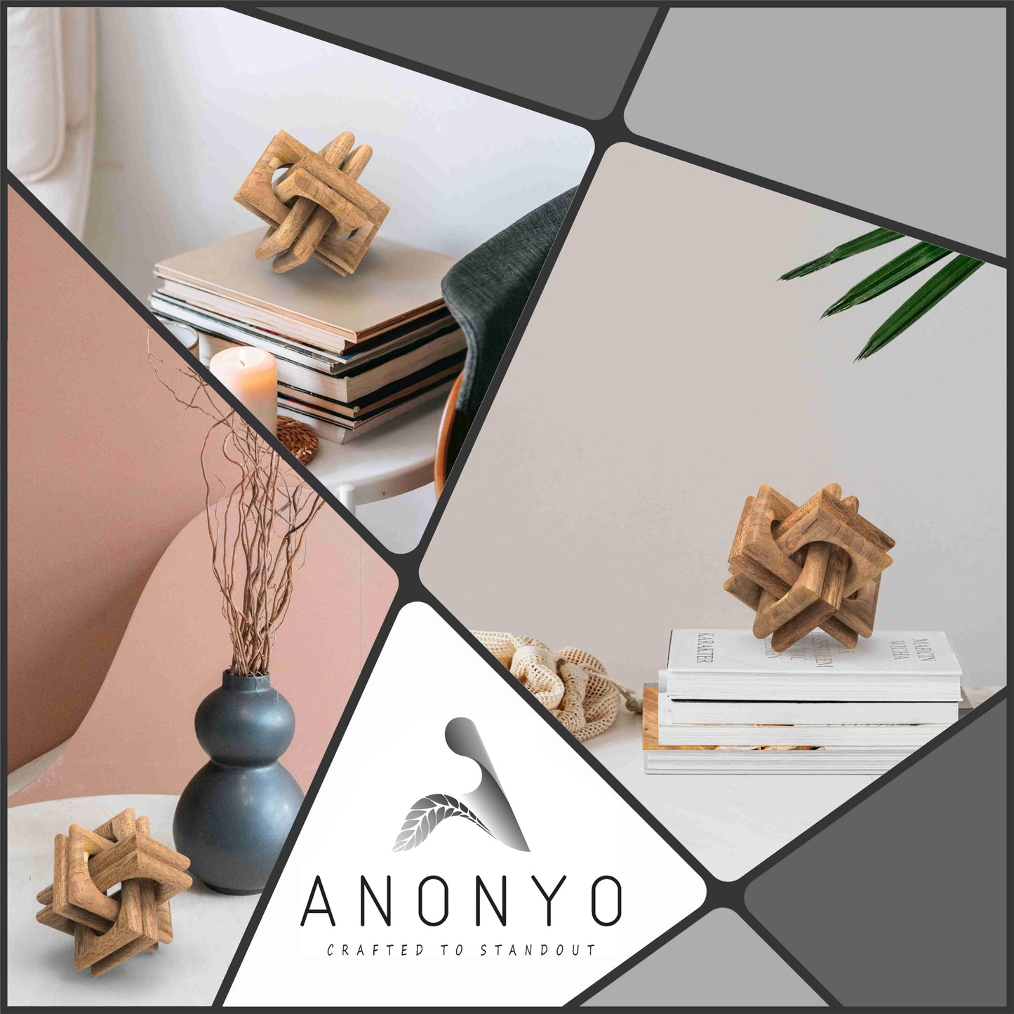 ANONYO Boho Wooden Chain Links Decorative Object for Coffee Table & Shelf | Handmade Mango Wood Knot Sculpture Rustic Modern Arch Décor for Living Room, Entryway, Console, Office Home Accent (Natural)