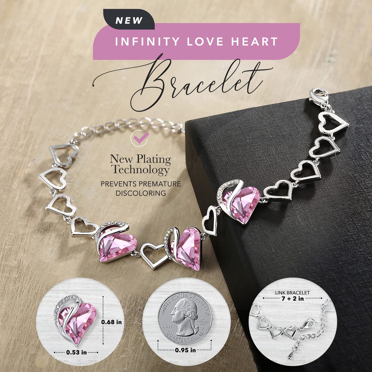 Leafael Mothers Day Gifts Infinity Love Heart Bracelet for Women, October Birthstone Crystal, Rose Quartz Pink, Silver Tone Adjustable Chain