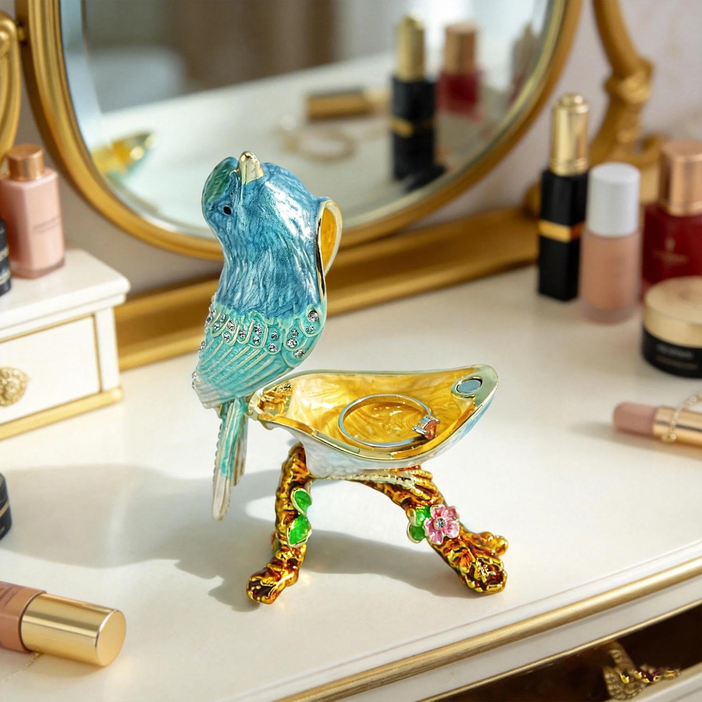 YU FENG Enamel Bird Trinket Box Jewelry Organizer, Hand Painted Decorative Hinged Keepsake Box – Blue Green Perched Bird