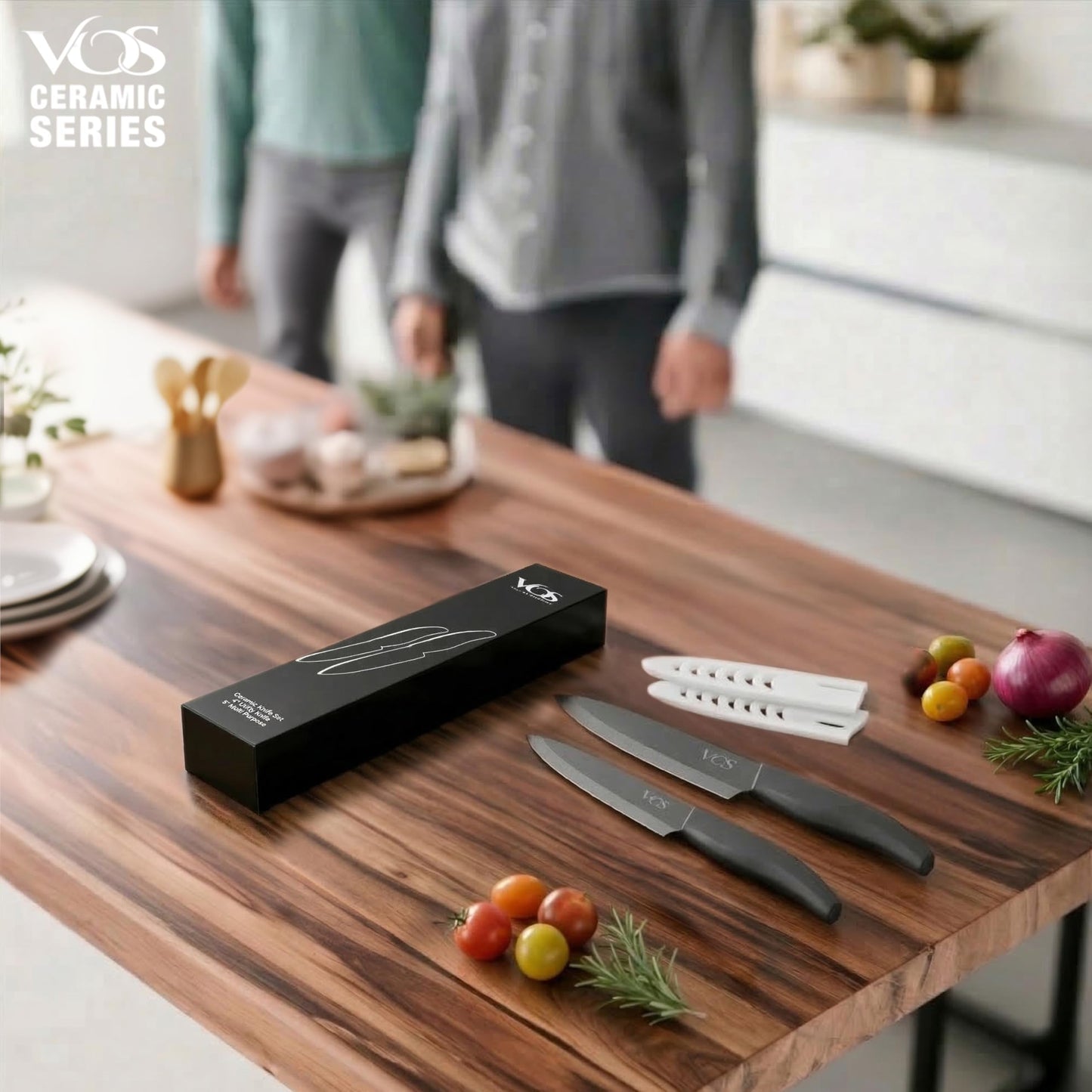 Vos ceramic knives set for kitchen in gift box, set of 2 ceramic knife with cover, 5.5" santoku & 4.5" utility for home cooks, Ultra Sharp, lightweight, rust-free, dishwasher safe (Black handle)