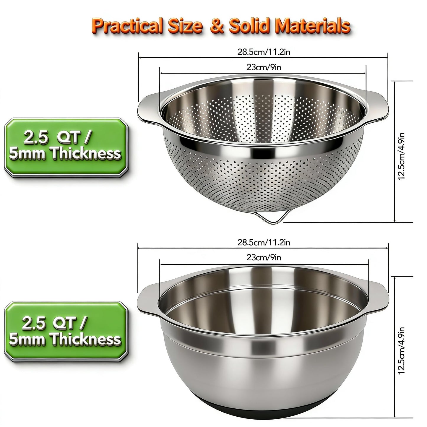304 Stainless Steel Colander, 2.5 QT Capacity and 2.5 QT Mixing Bowl, Micropore Strainer for Washing Rice, Fruit, and Veggies, Perfect Draining for Cooked Pasta