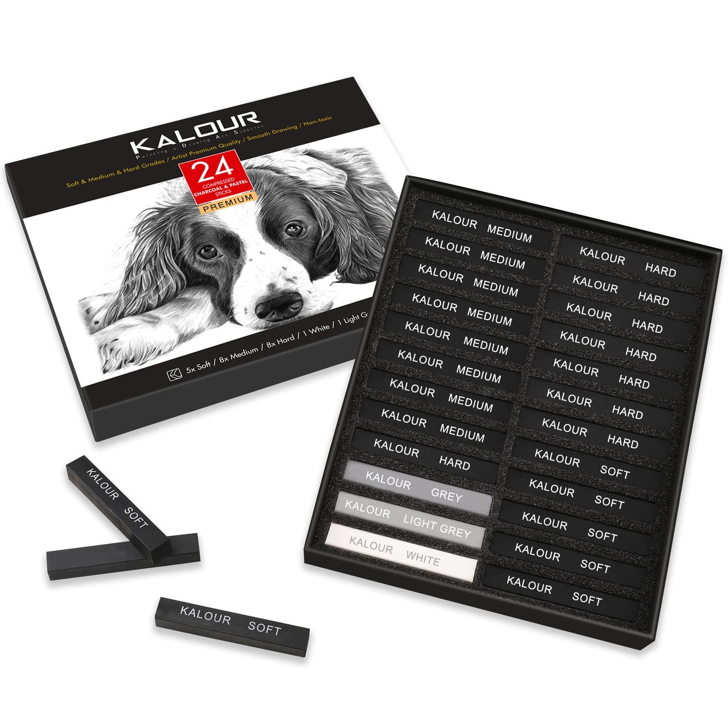 KALOUR 24 Pro Charcoal Drawing Set - Soft,Medium,Hard Charcoal and White - Charcoal Sticks for Drawing Sketching Shading - Art Supplies Gift for Artists Beginners Adults