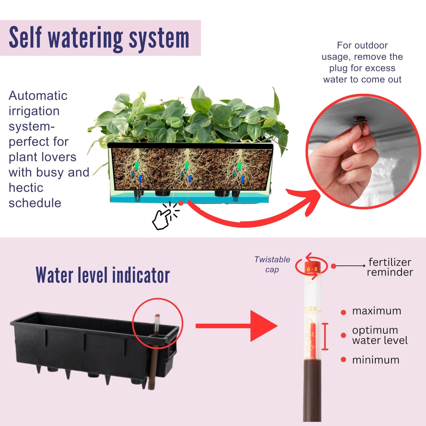 LaLaGreen Wall Planter for Outdoor (2 Pack, 14 Inch) Wall Mounted Self Watering System White Flower Box with Bracket, Window Wall Hanging Rectangular Plant Pot Container Indoor Modern Herb Kitchen