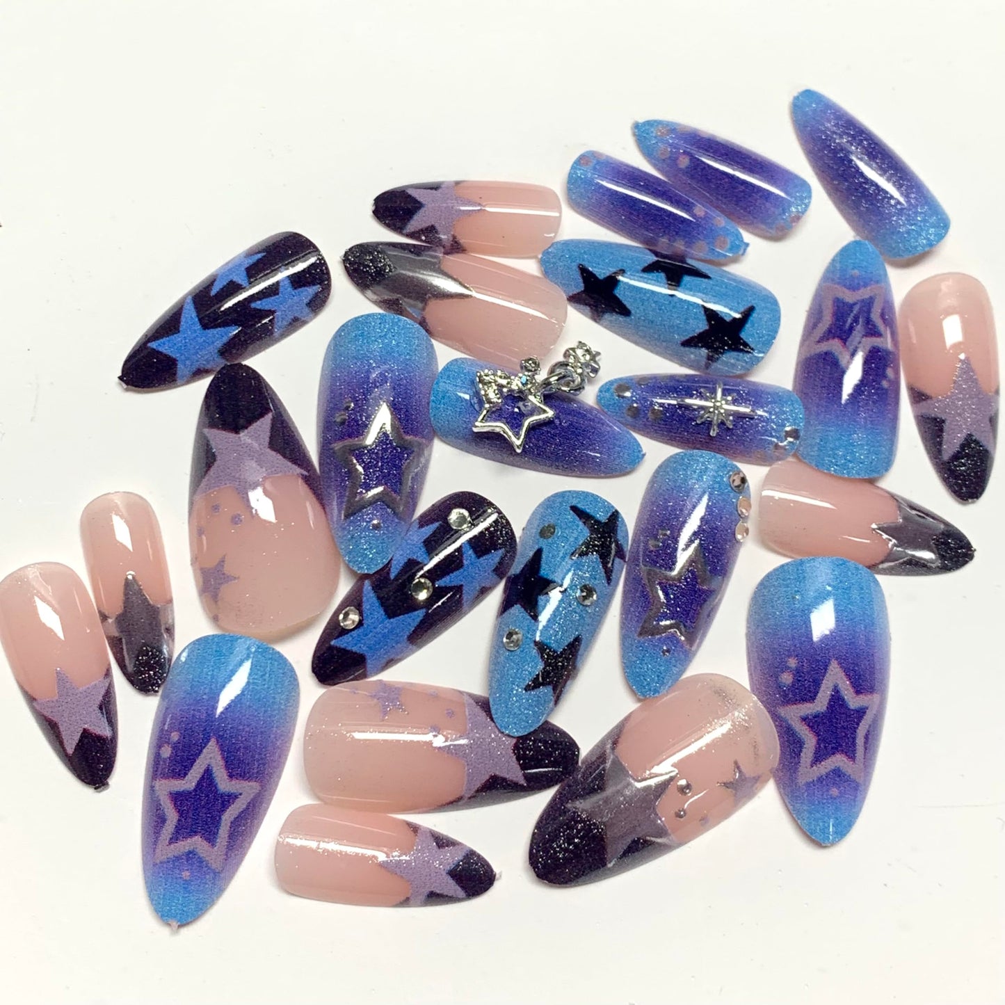 BABALAL Press on Nails, Almond Medium Fake Nails, Blue Black Y2k, Silver Star Print, Gothic French Tip Reusable Bling Glue on False Nails 24Pcs