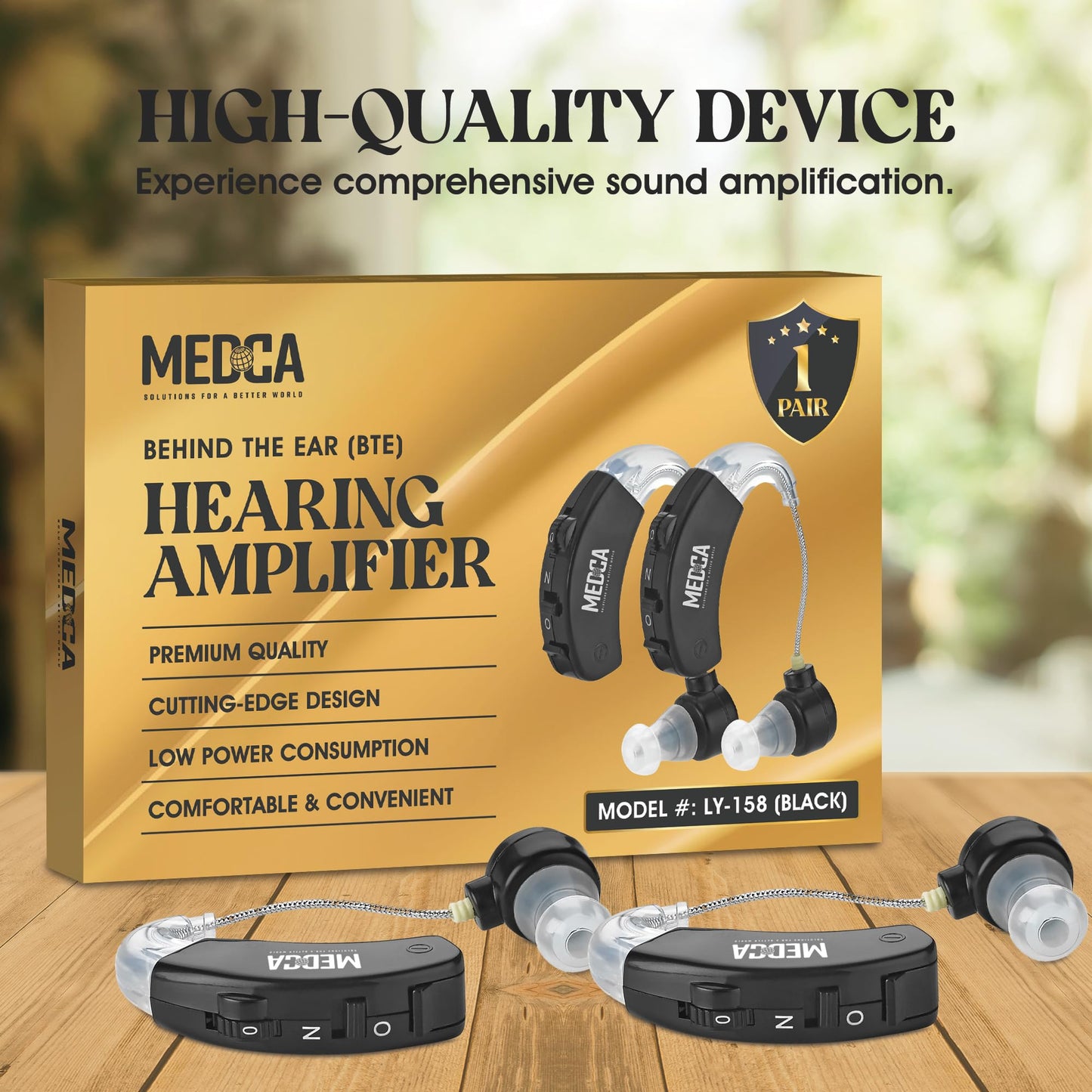 Behind the Ear Sound Amplifier - BTE Hearing Ear Amplification Device and Digital Hearing Aids for Seniors PSAD for the Hard of Hearing, Noise Reducing, Black, By MEDca